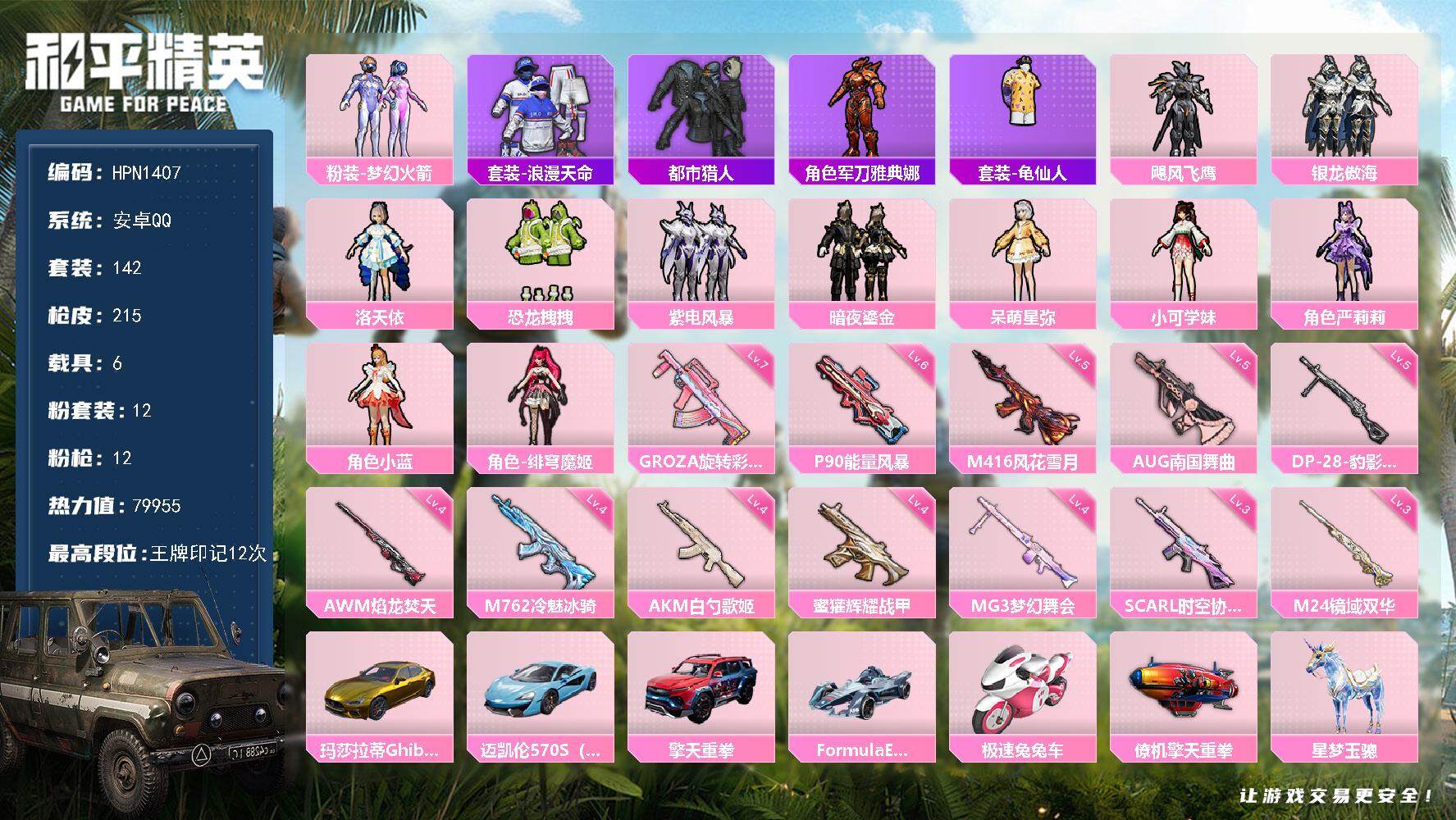 和平精英账号安卓QQ6载具-142套装-215枪皮-【HPN1407】142套装/枪械12/装备297/载具6/战备15