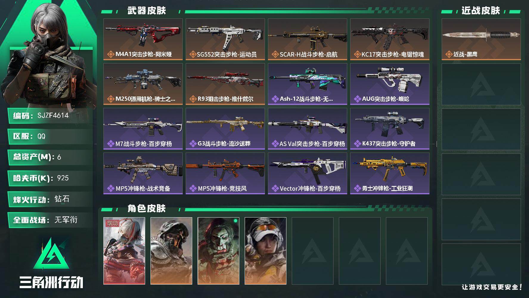 三角洲行动账号QQ【SJZF4614】总资产(M)：6M/哈夫币(K)：925K/哈夫币(K)：925K/传说枪皮数：6/全面战场等级：1_段位：无段位/烽火地带等级：60_段位：钻石/骇爪-维什戴尔/深蓝-不破誓约
