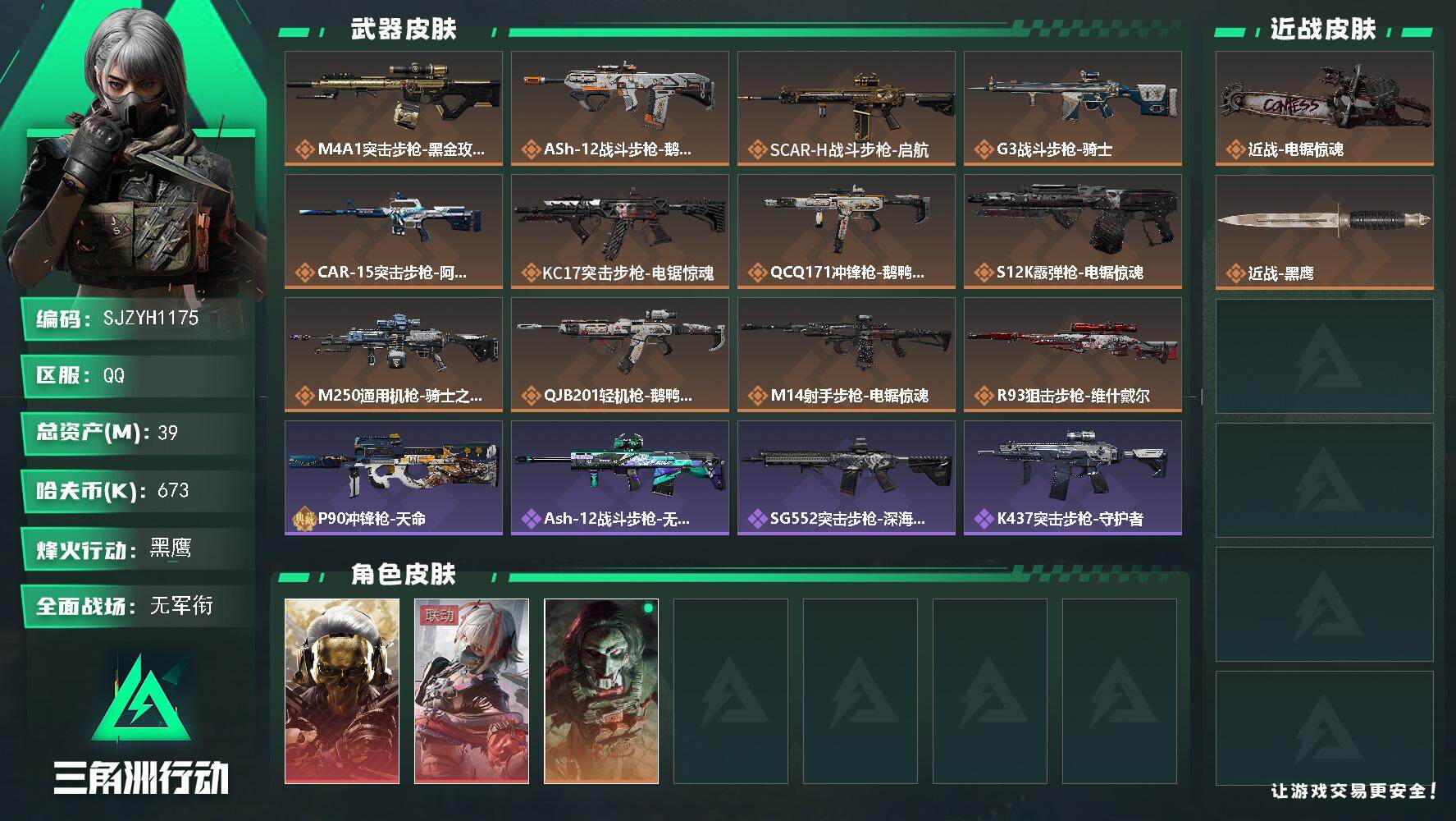 三角洲行动账号QQ【SJZYH1175】总资产(M)：39M/哈夫币(K)：673K/哈夫币(K)：673K/全面战场等级：3_段位：无段位/烽火地带等级：60_段位：黑鹰/红狼-蚀金玫瑰/骇爪-维什戴尔/红狼-电锯