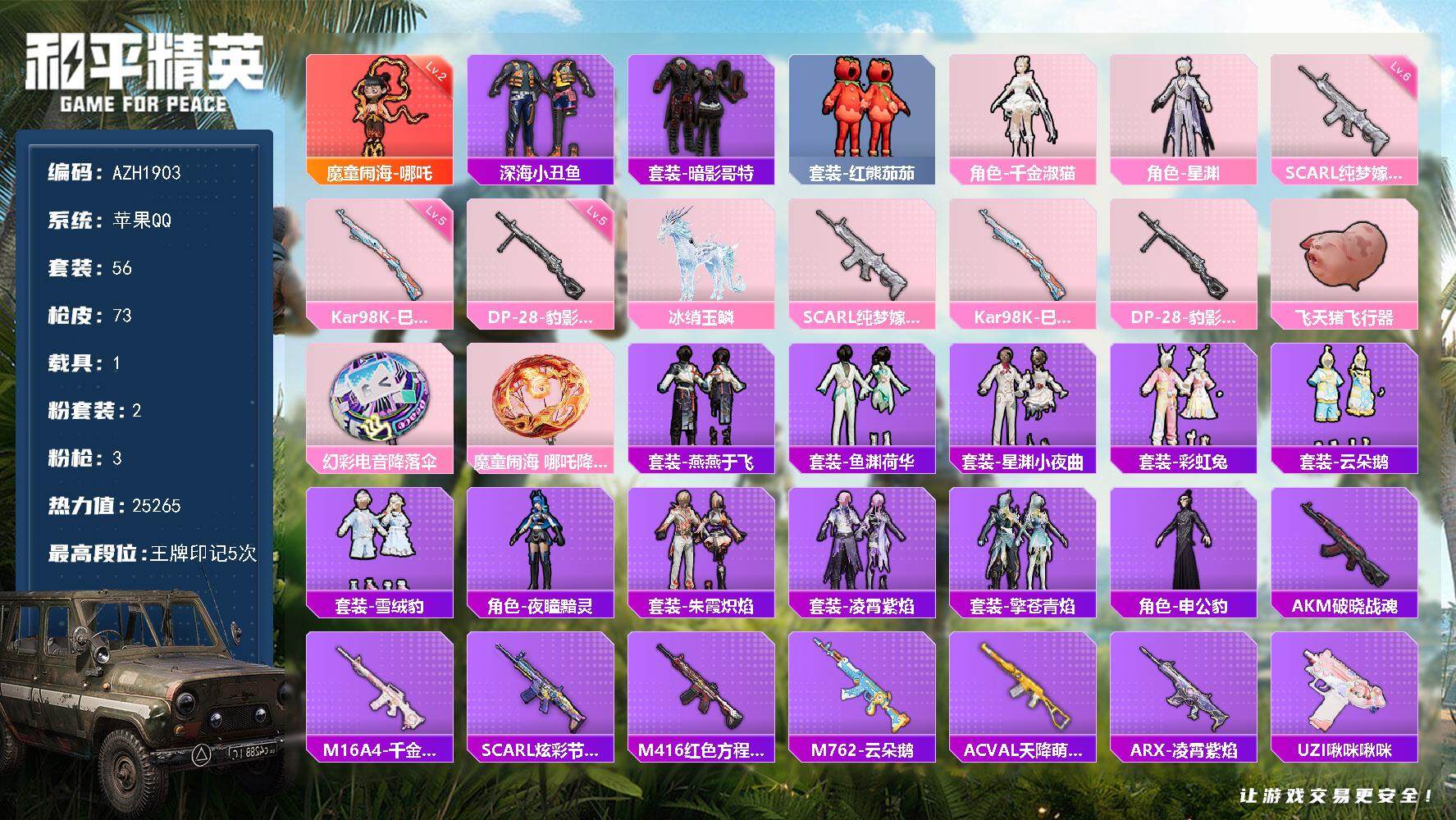 和平精英账号苹果QQ【AZH1903】苹果 手Q【二级哪吒 千金淑猫暗影哥特红熊茄茄 六级纯梦嫁纱SCAR-L 1载具冰