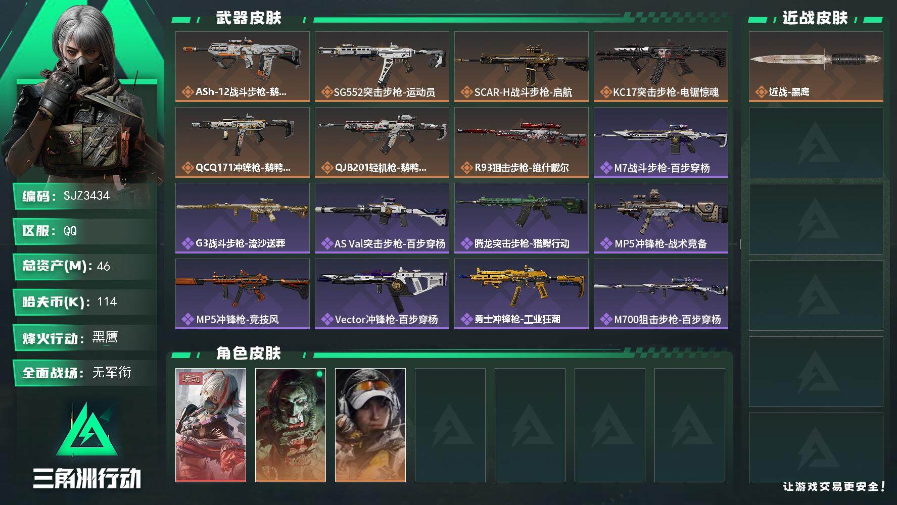 三角洲行动账号QQ【SJZ3434】总资产(M)：46M/哈夫币(K)：114K/哈夫币(K)：114K/全面战场等级