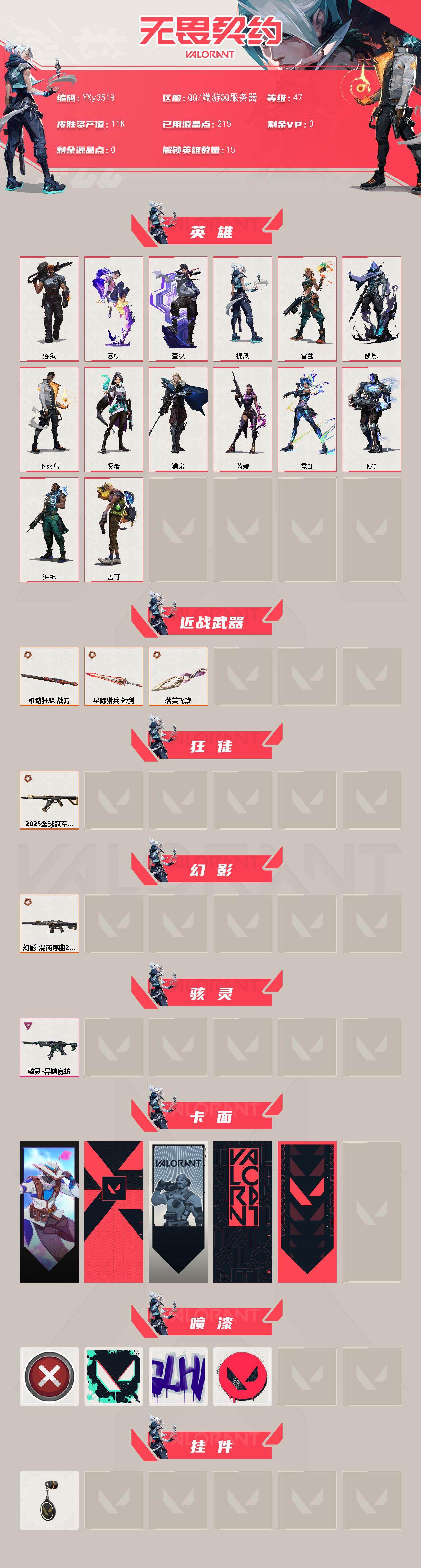 【精氪小号.落英飞旋.摩托直刀.25冠军.混沌2.0】YXy3518【无二次】【因赛季更新游戏段付以上号为准!】
【英雄】：炼狱，暮蝶，壹决，捷风，雷兹，幽影，不死鸟，贤者，猎枭，芮娜，霓虹，K/O