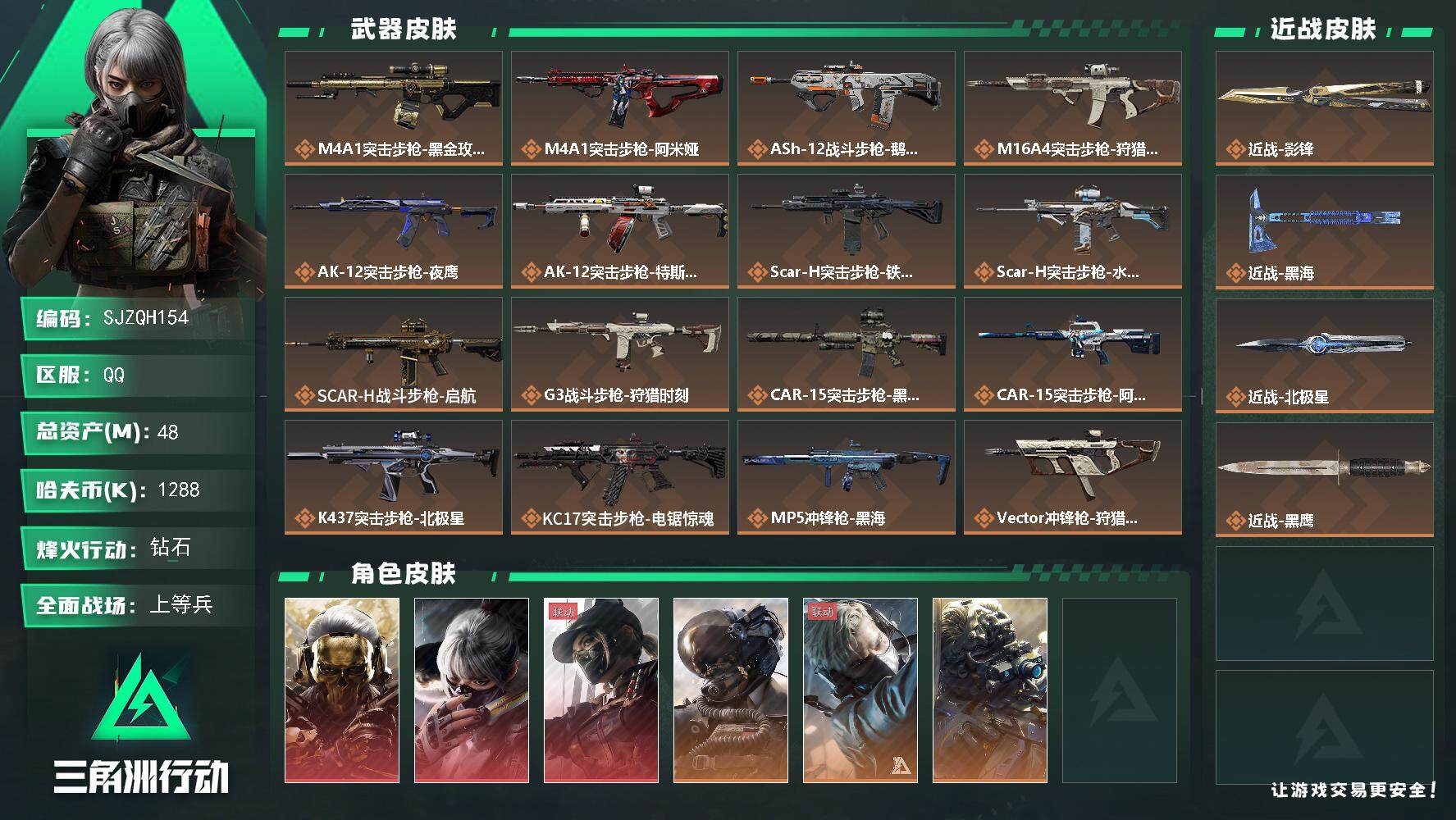 三角洲行动账号QQ【SJZQH154】总资产(M)：48M/哈夫币(K)：1288K/哈夫币(K)：1288K/全面战
