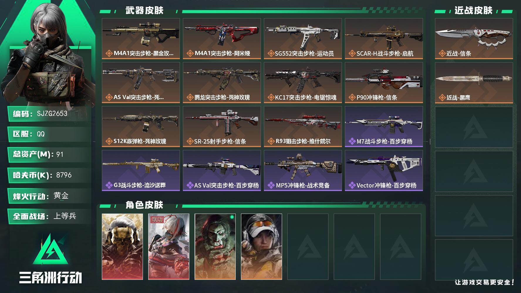 三角洲行动账号QQ【SJZG2653】总资产(M)：91M/哈夫币(K)：8796K/哈夫币(K)：8796K/全面战场等级：27_段位：上等兵/烽火地带等级：59_段位：黄金/红狼-蚀金玫瑰/骇爪-维什戴尔/红狼-