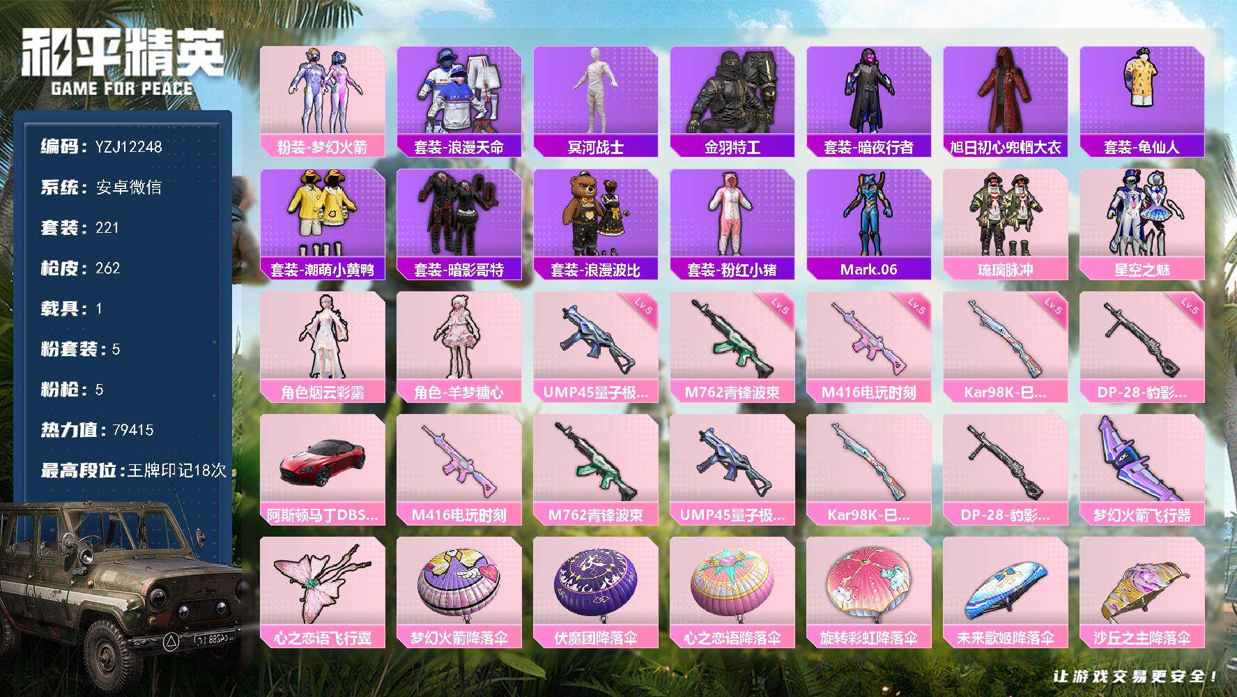 和平精英账号安卓微信YZJ12248 可二次 身法素材号 木乃伊 羊梦糖心 兔兔白日梦 火箭少女 安卓V-4稀有1载具5