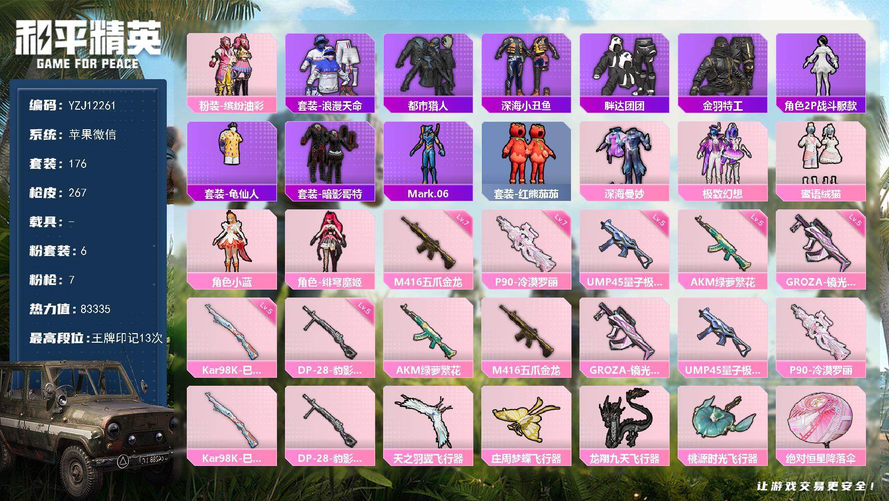 和平精英账号苹果微信YZJ12261 可二次 可二次 苹果V- 都市 猪妹 权威小番茄 哥特 深海小丑鱼 M416-五爪