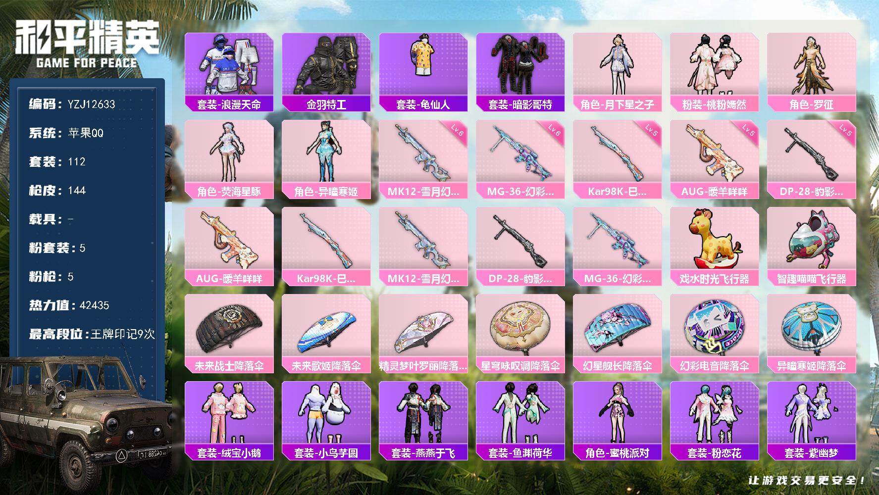 和平精英账号苹果QQYZJ12633 可二次 苹果Q-狂鲨  罗小黑 金羽特工 TT战队服 哥特   1稀有5粉装5特效