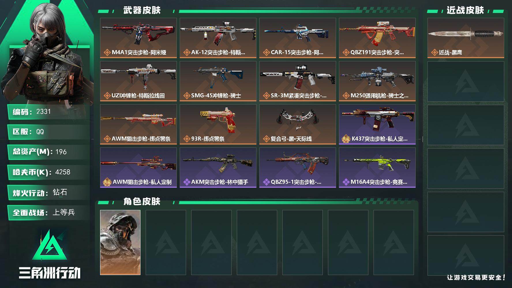 三角洲行动账号QQ总资产(M)：196M/哈夫币(K)：4258K/哈夫币(K)：4258K/全面战场等级：26_段位