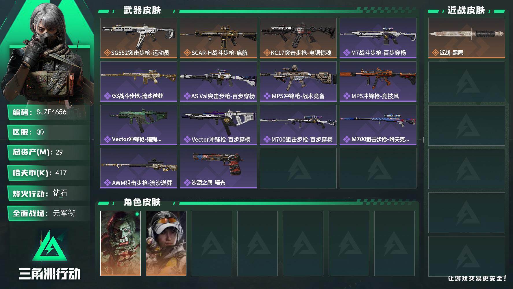 三角洲行动账号QQ【SJZF4656】总资产(M)：29M/哈夫币(K)：417K/哈夫币(K)：417K/全面战场等