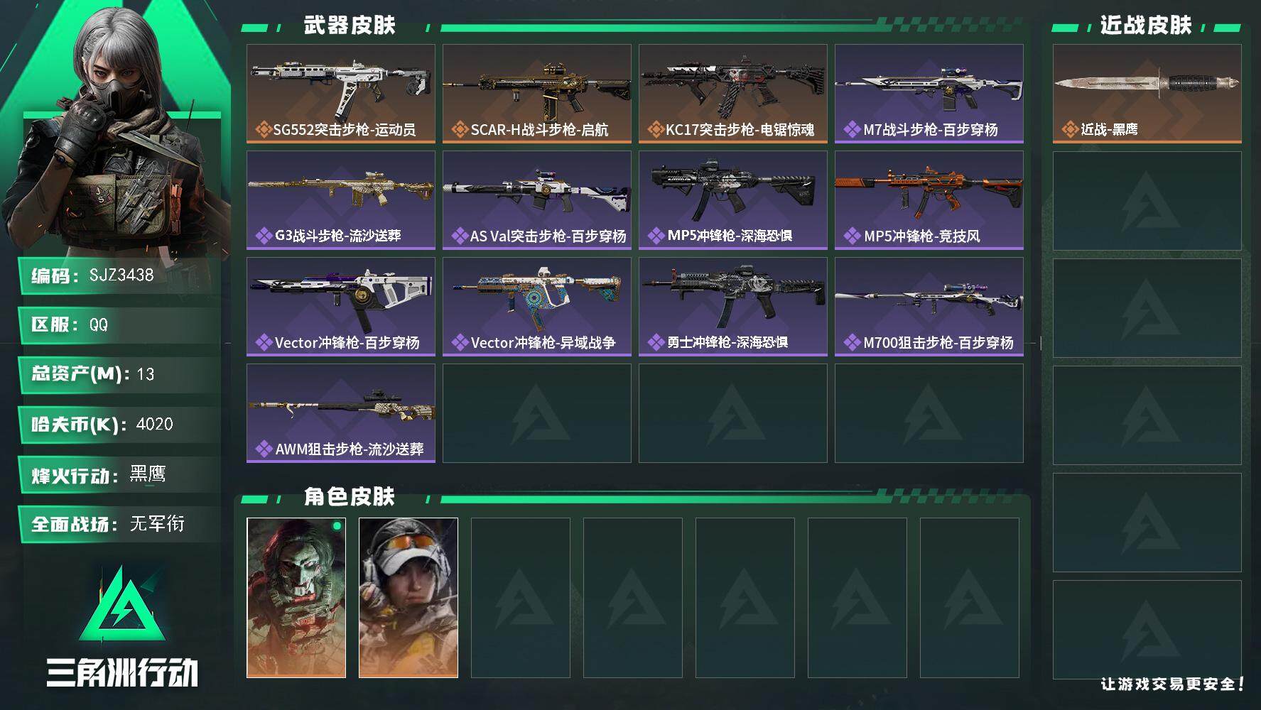 三角洲行动账号QQ【SJZ3438】总资产(M)：13M/哈夫币(K)：4020K/哈夫币(K)：4020K/全面战场