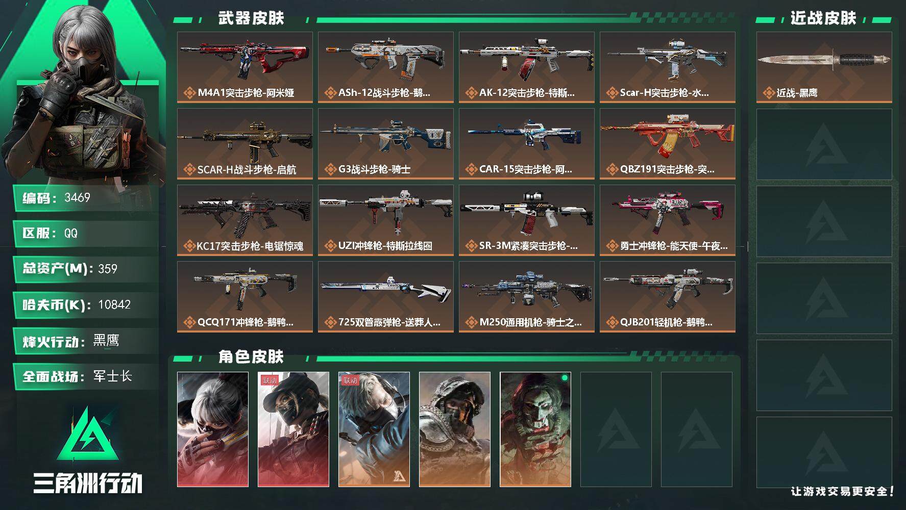 三角洲行动账号QQ总资产(M)：359M/哈夫币(K)：10842K/哈夫币(K)：10842K/全面战场等级：48_