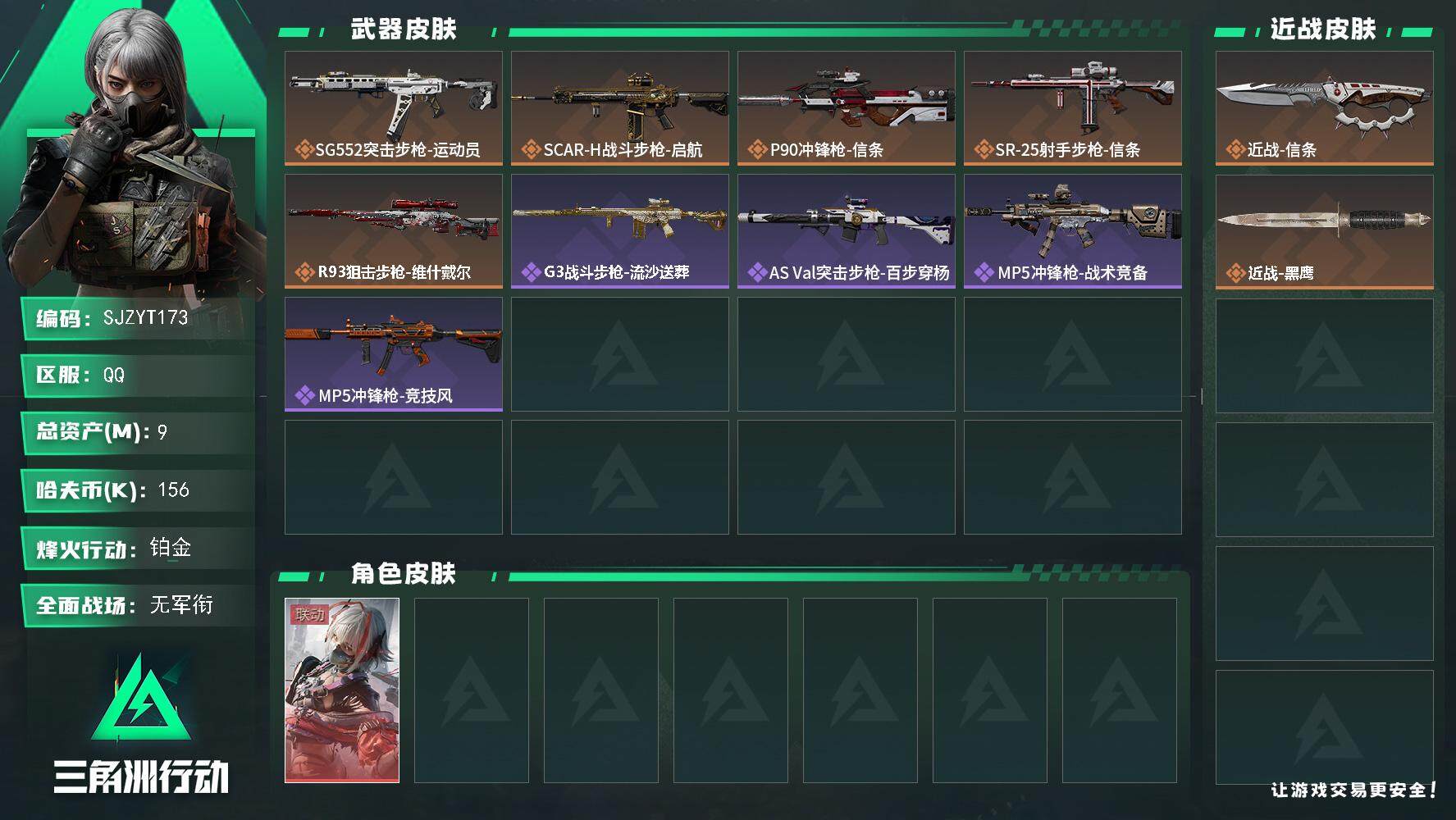 三角洲行动账号QQ【SJZYT173】总资产(M)：9M/哈夫币(K)：156K/哈夫币(K)：156K/传说枪皮数：