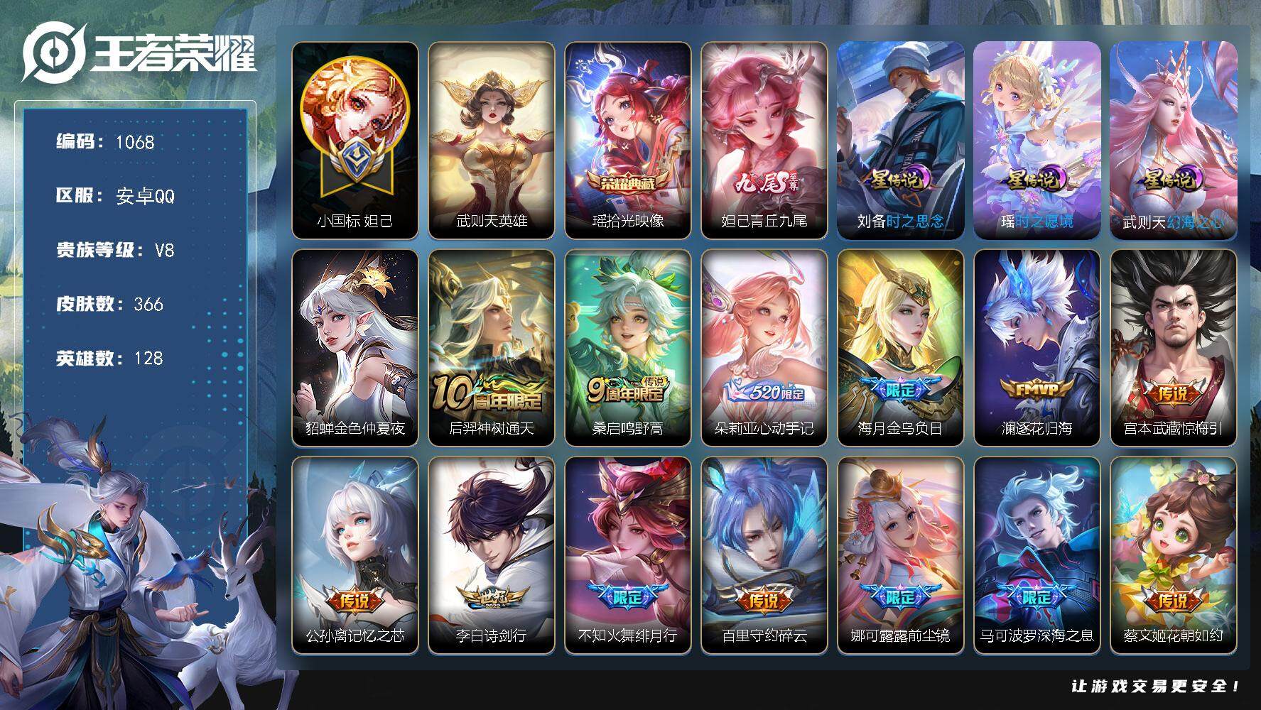王者荣耀账号安卓QQ128英雄-366皮肤-账号亮点：妲己国标，诸葛亮不知火舞万战，中路56段，游走45段，20金标 瑶