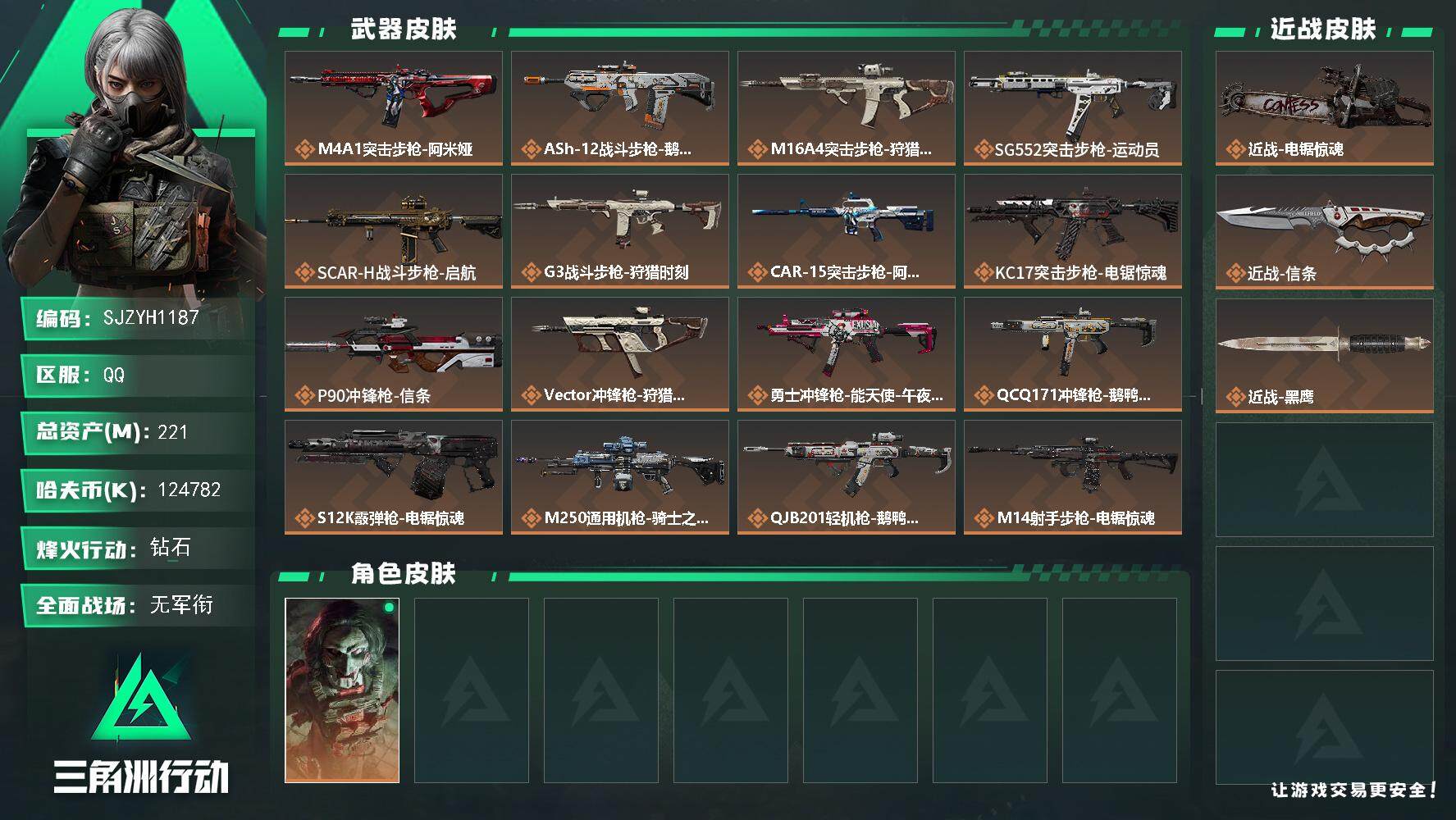 三角洲行动账号QQ【SJZYH1187】总资产(M)：221M/哈夫币(K)：124782K/哈夫币(K)：12478