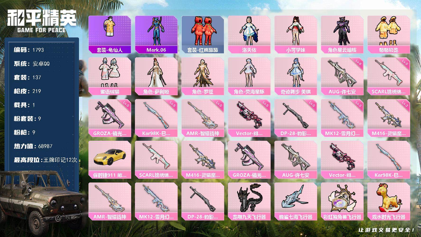 和平精英账号安卓QQ1载具-137套装-219枪皮-137套装/枪械9/装备308/载具1/战备172/王牌印记12/热
