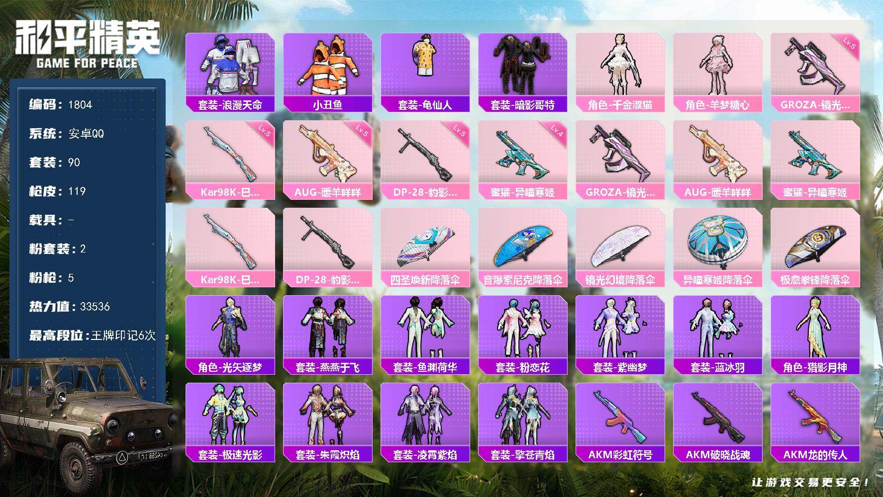 和平精英账号安卓QQ0载具-90套装-119枪皮-90套装/枪械5/装备123/战备74/王牌印记6/热力值33536/