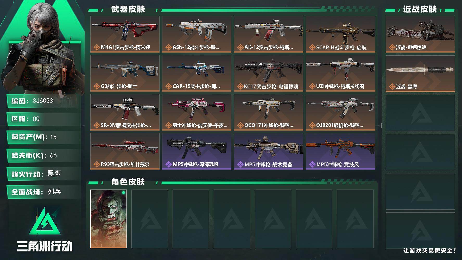 三角洲行动账号QQ【SJ6053】总资产(M)：15M/哈夫币(K)：66K/哈夫币(K)：66K/传说枪皮数：12/