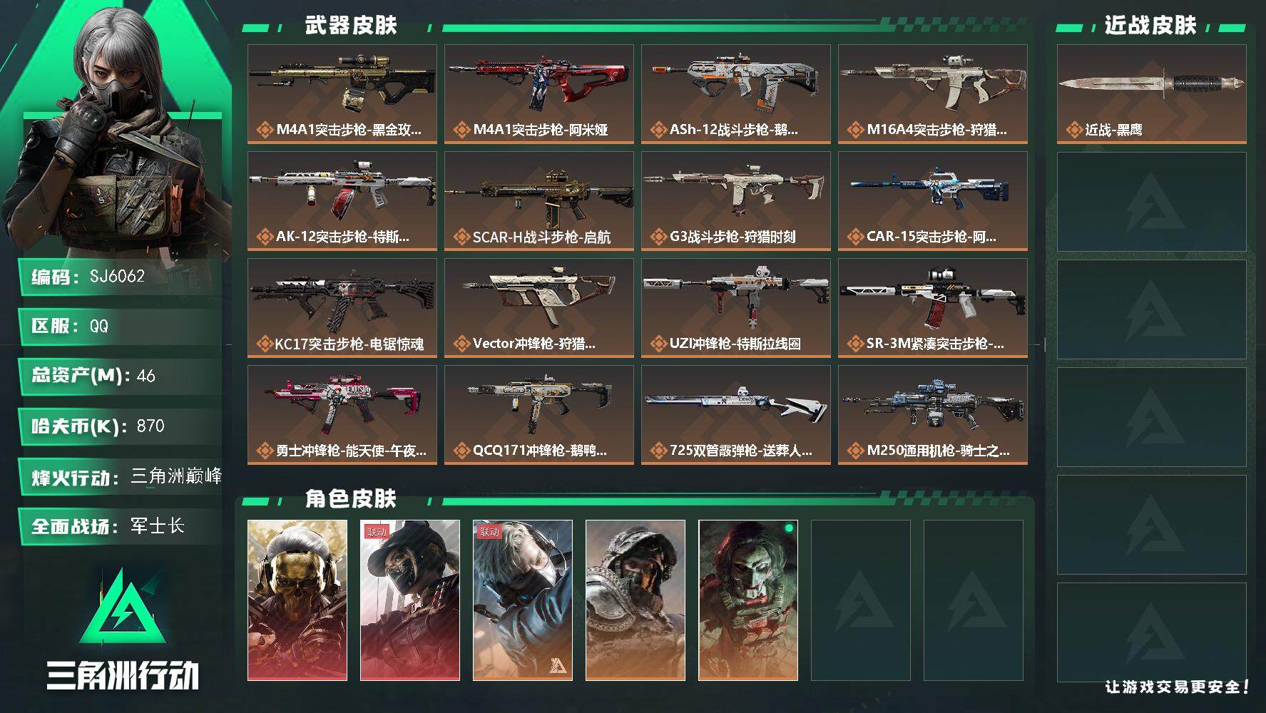 三角洲行动账号QQ【SJ6062】总资产(M)：46M/哈夫币(K)：870K/哈夫币(K)：870K/全面战场等级：40_段位：军士长/烽火地带等级：60_段位：三角洲巅峰/红狼-蚀金玫瑰/露娜-黑·天际线/蜂医-