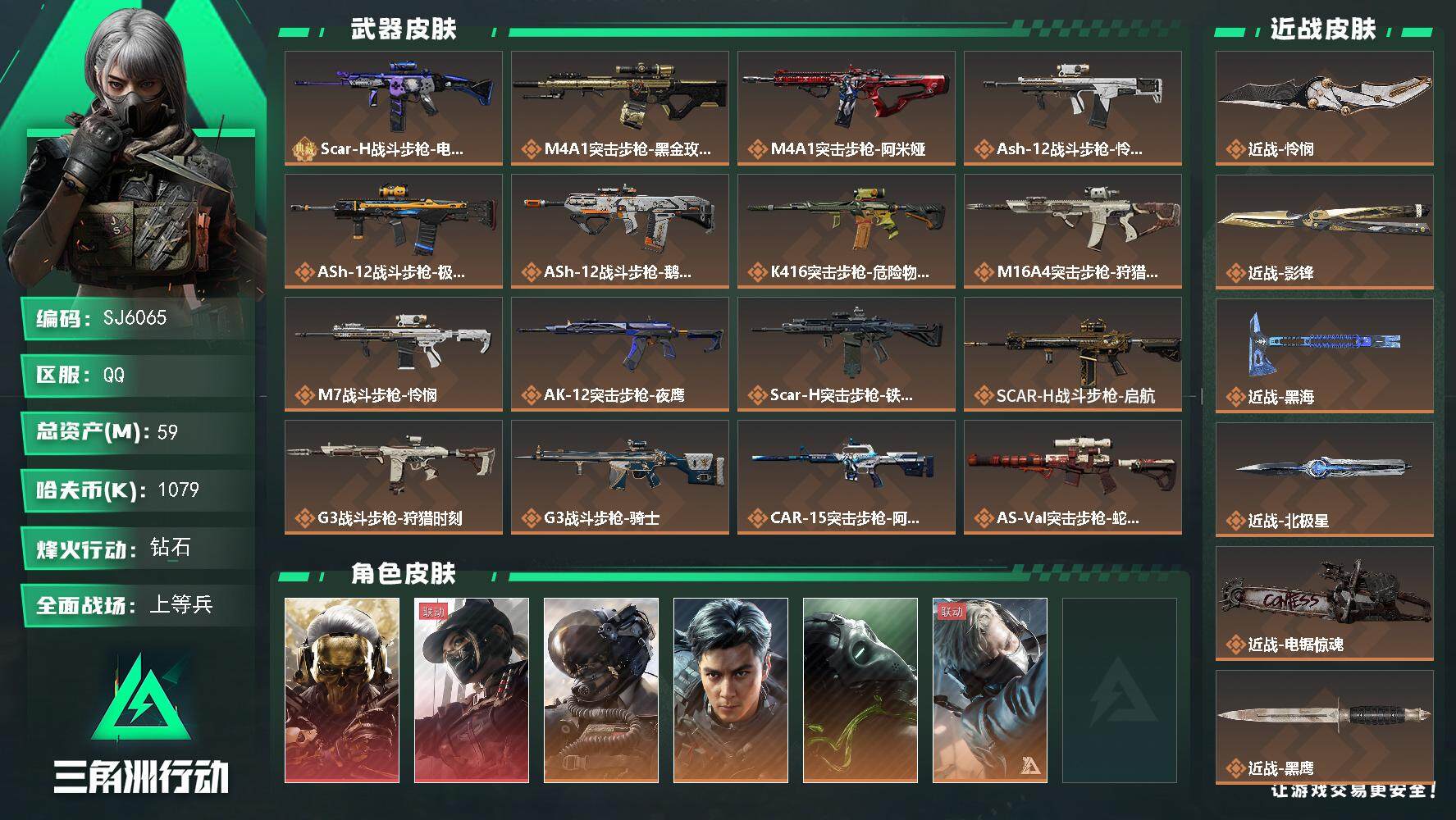 三角洲行动账号QQ【SJ6065】总资产(M)：59M/哈夫币(K)：1079K/哈夫币(K)：1079K/全面战场等级：50_段位：上等兵/烽火地带等级：60_段位：钻石/红狼-蚀金玫瑰/露娜-黑·天际线/威龙-壮