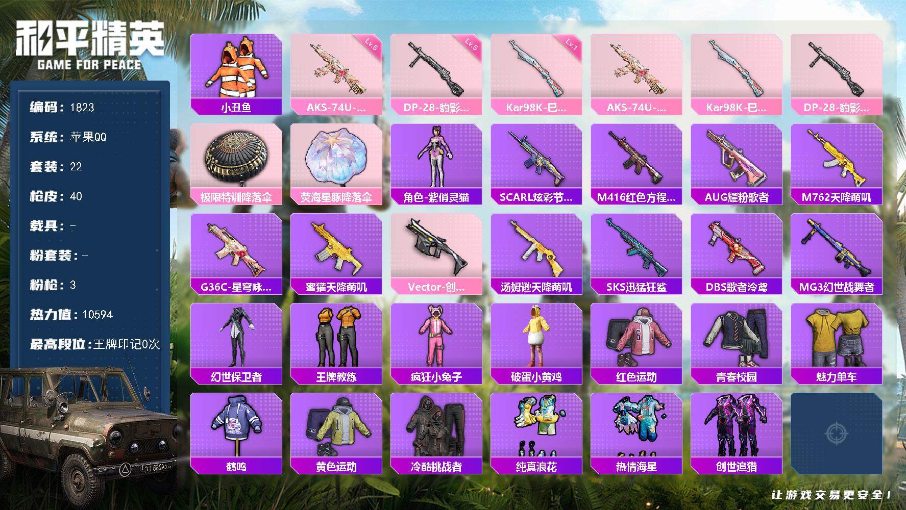 和平精英账号苹果QQ0载具-22套装-40枪皮-22套装/枪械3/装备50/战备25/热力值10594/五级AKS-74