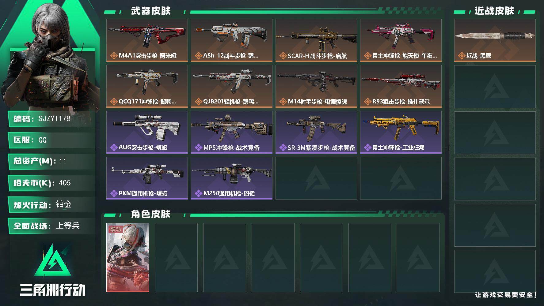 三角洲行动账号QQ【SJZYT178】总资产(M)：11M/哈夫币(K)：405K/哈夫币(K)：405K/全面战场等级：23_段位：上等兵/烽火地带等级：56_段位：铂金/骇爪-维什戴尔/近战-黑鹰/M4A1突击步
