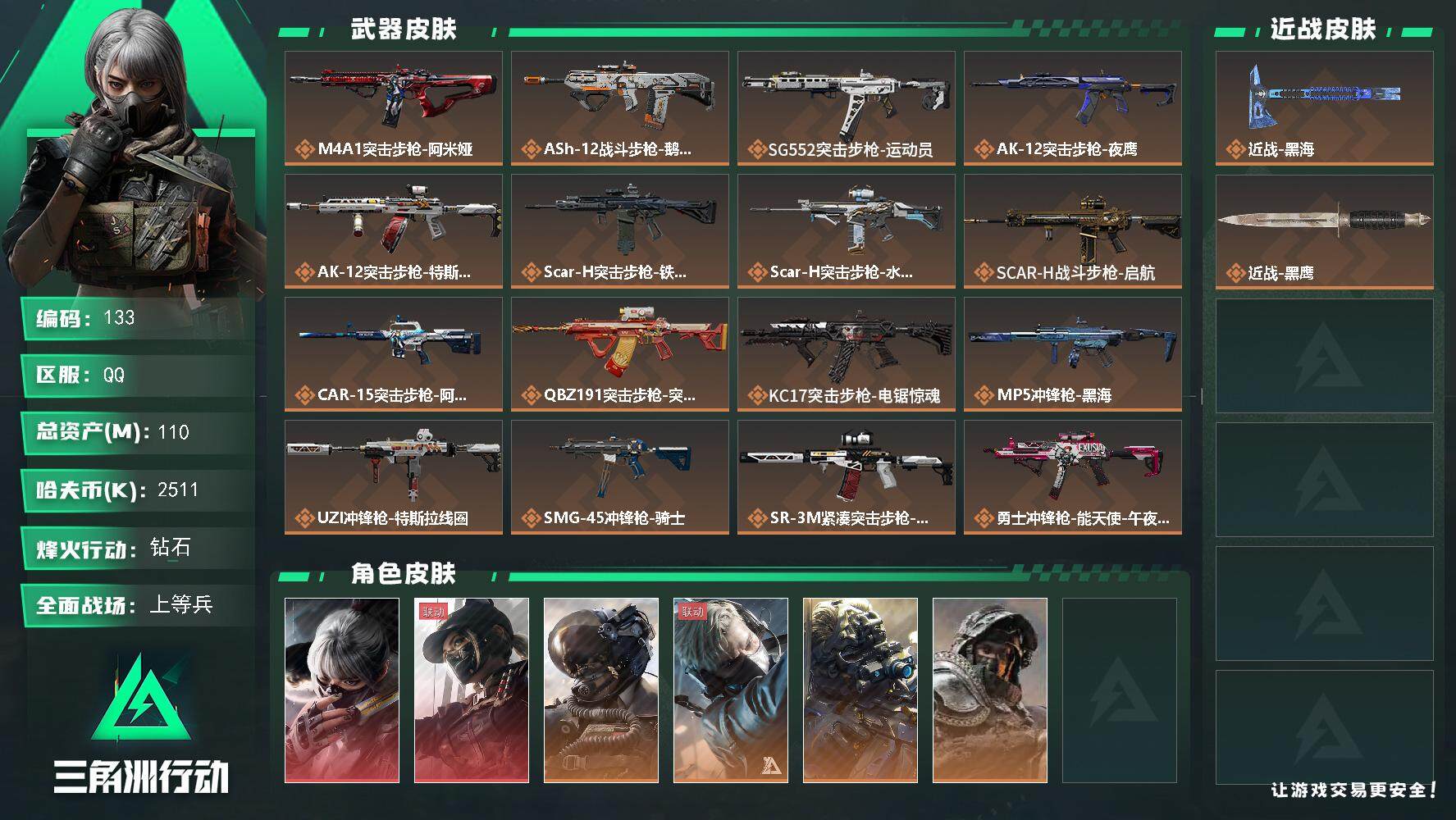 三角洲行动账号QQ110m总资产-2511k哈伏币-60烽火等级-钻石-47战场等级-上等兵
【干员外观】：骇爪-水墨