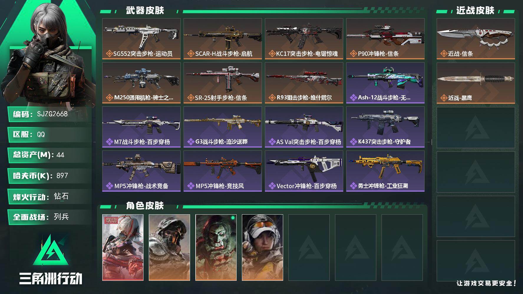 三角洲行动账号QQ【SJZG2668】总资产(M)：44M/哈夫币(K)：897K/哈夫币(K)：897K/全面战场等级：30_段位：列兵/烽火地带等级：60_段位：钻石/骇爪-维什戴尔/深蓝-不破誓约/红狼-电锯惊