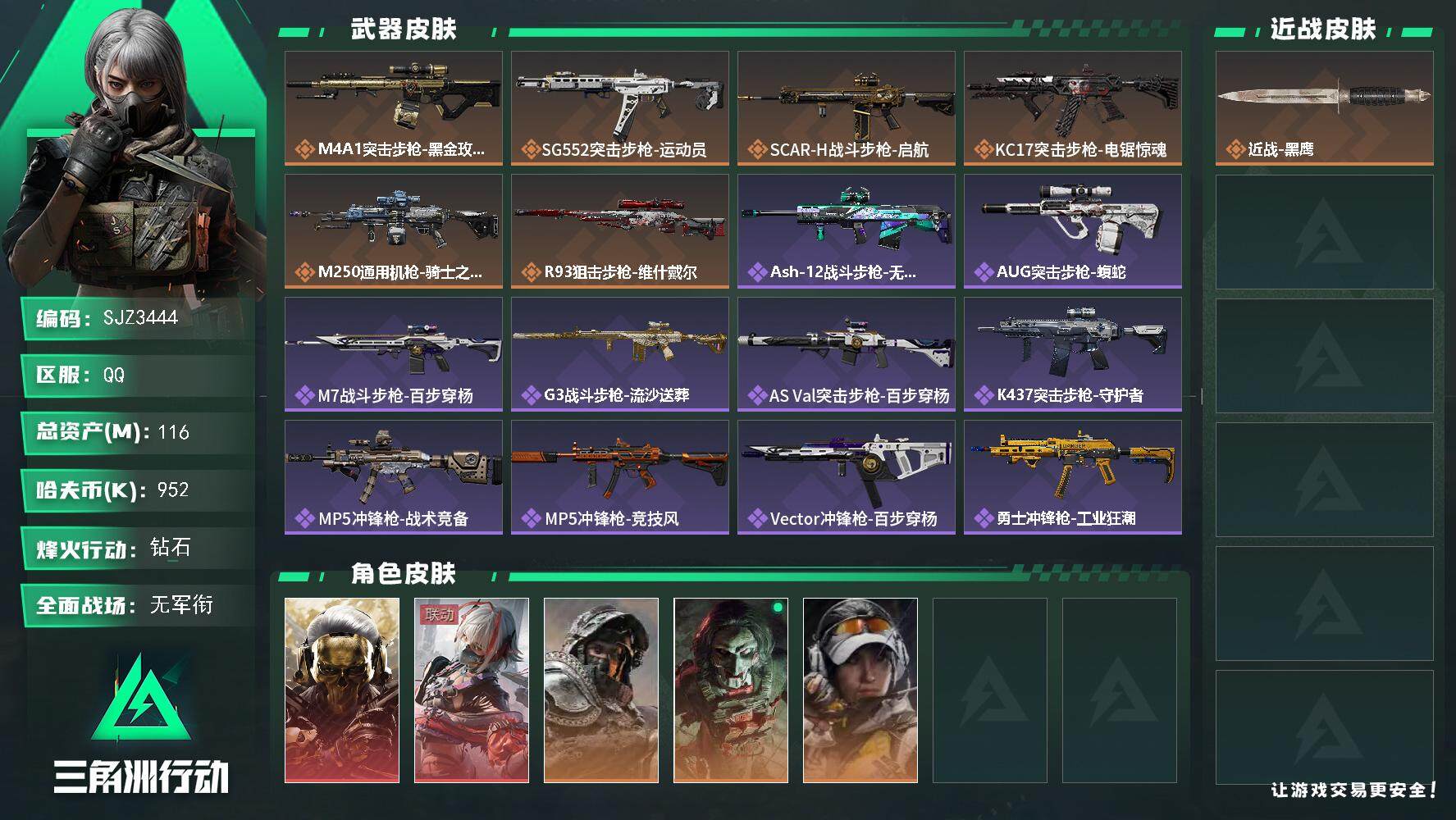 三角洲行动账号QQ【SJZ3444】总资产(M)：116M/哈夫币(K)：952K/哈夫币(K)：952K/全面战场等