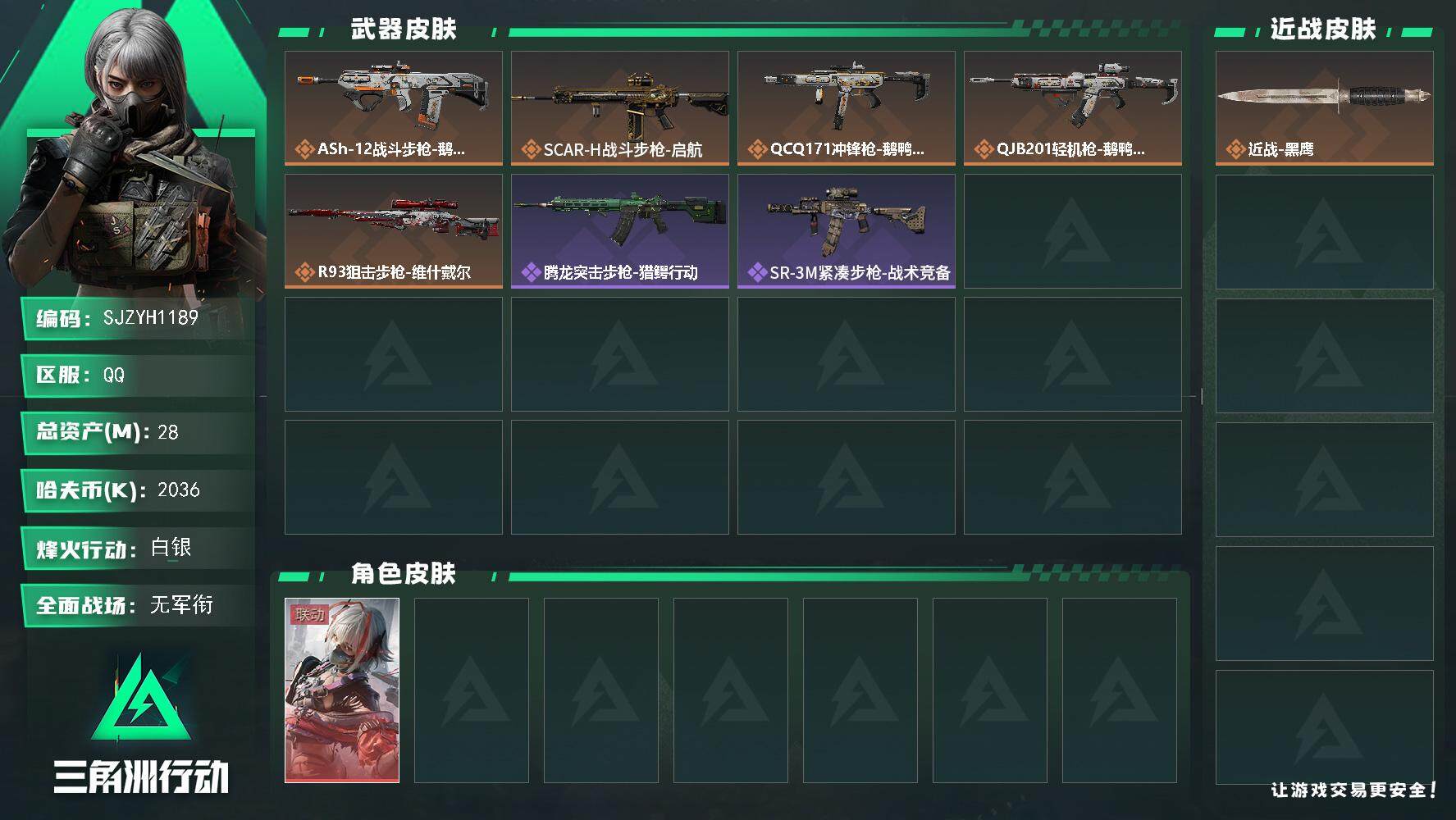 三角洲行动账号QQ【SJZYH1189】总资产(M)：28M/哈夫币(K)：2036K/哈夫币(K)：2036K/全面战场等级：1_段位：无段位/烽火地带等级：27_段位：白银/骇爪-维什戴尔/近战-黑鹰/ASh-1