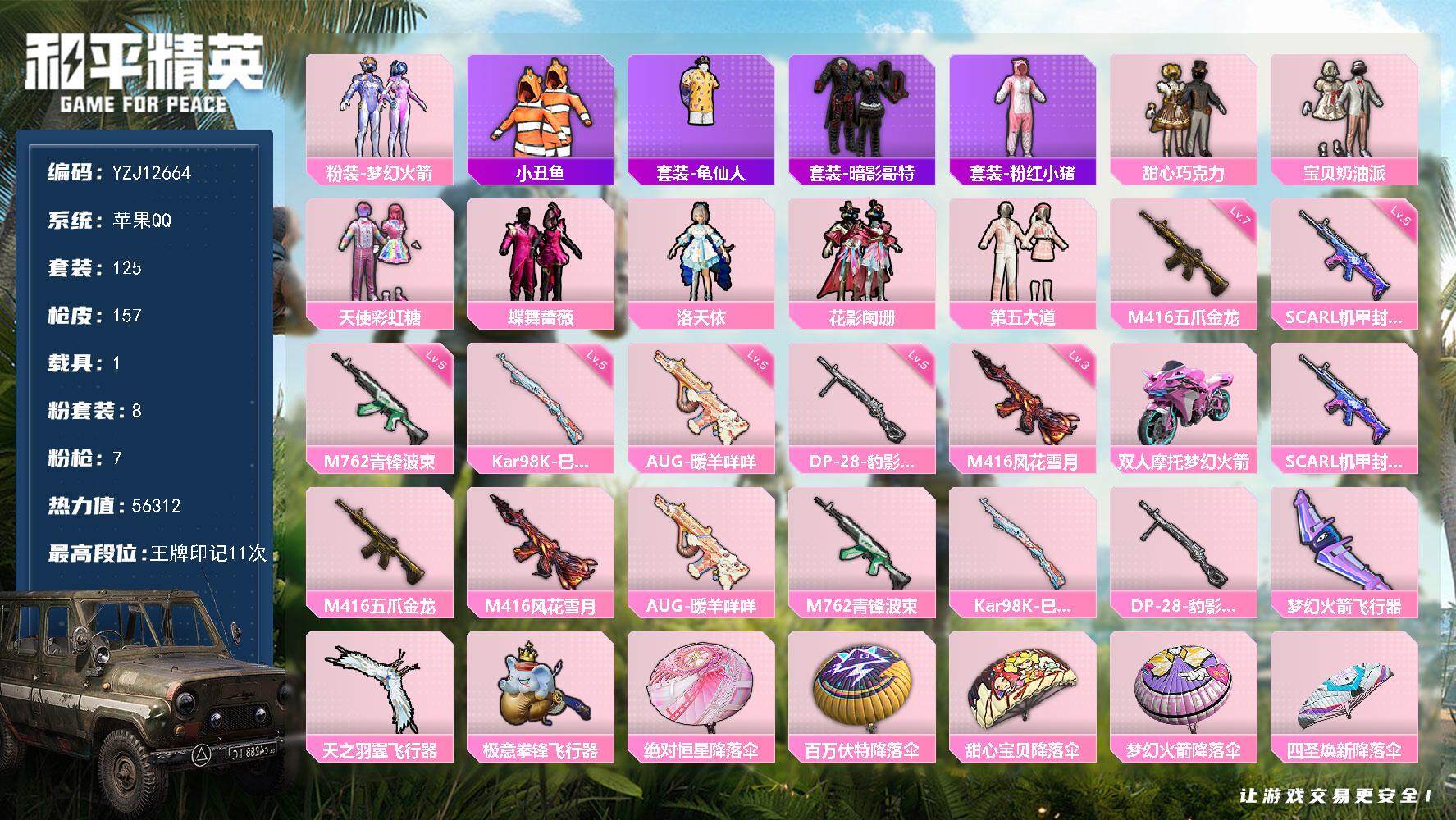 和平精英账号苹果QQYZJ12664  可二次 苹果Q-1载具8粉装7特效枪15热门125套装157枪皮 56312热力