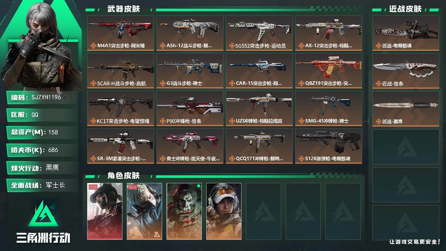 三角洲行动账号QQ【SJZYH1196】总资产(M)：158M/哈夫币(K)：686K/哈夫币(K)：686K/全面战