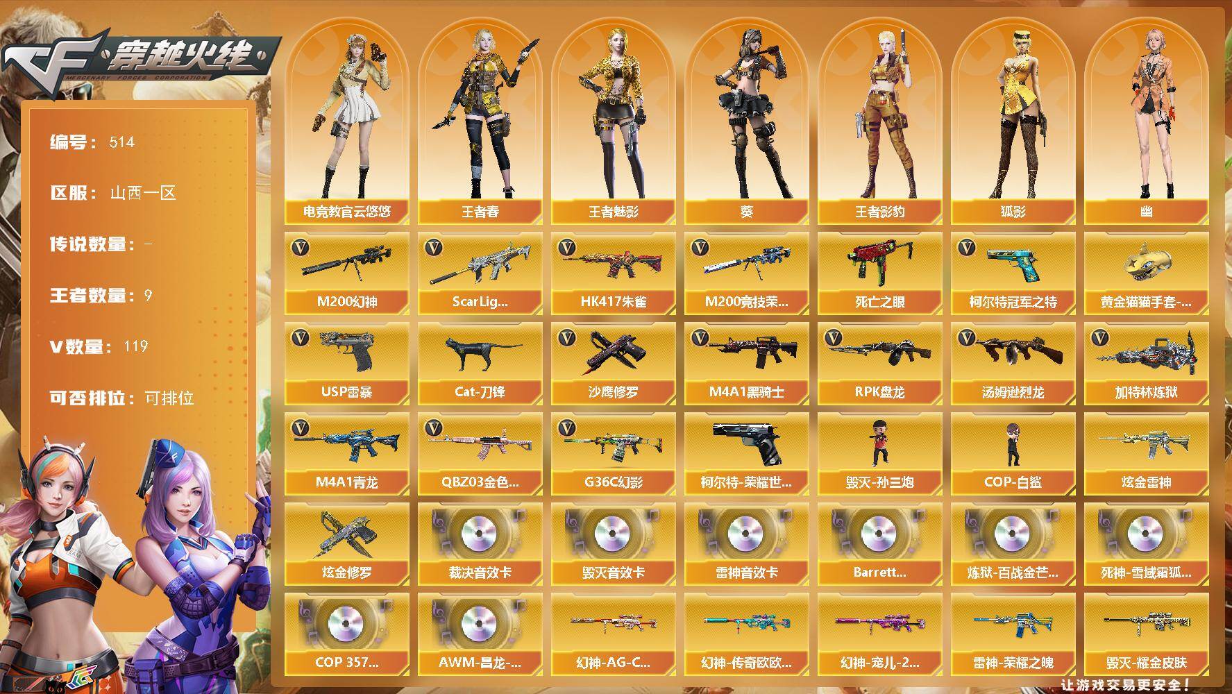 穿越火线账号北部战区山西一区山西一区-119V-9王者-4炫金
【热门武器】：G36C-幻影，QBZ03-金色蔷薇，Scar L