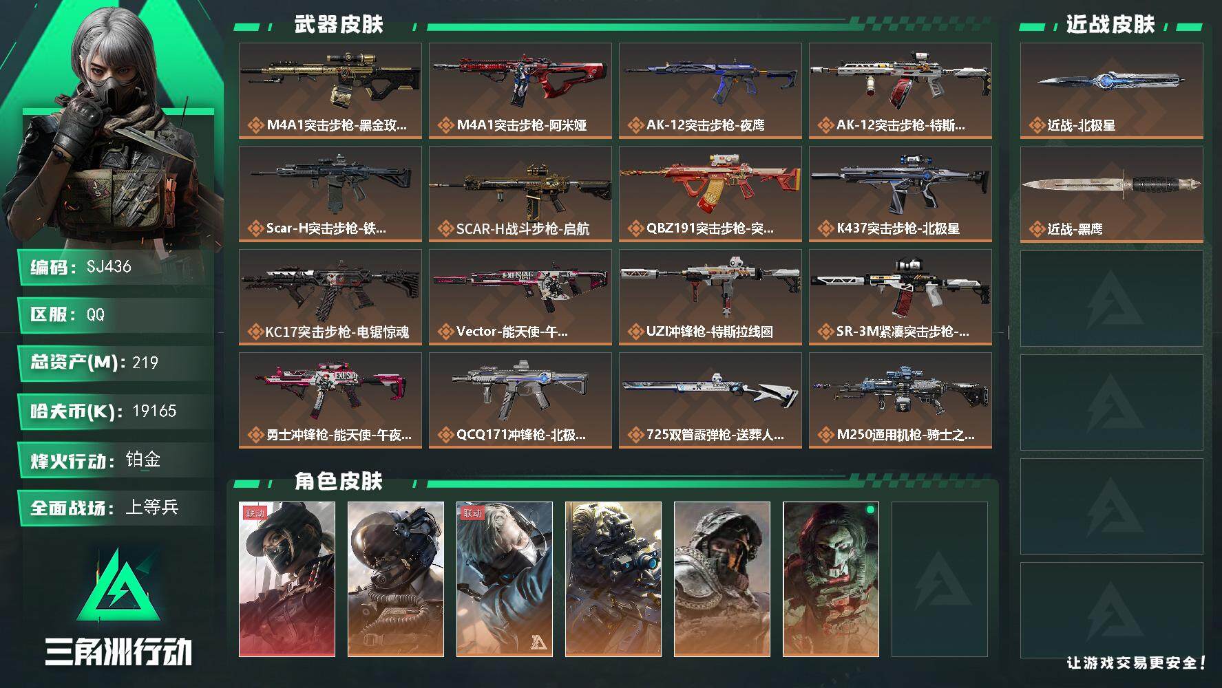 三角洲行动账号QQ【SJ436】【北极星带顶级3X3】60级/总资219M/流资191M/刀皮<北极星>/露娜<黑天际