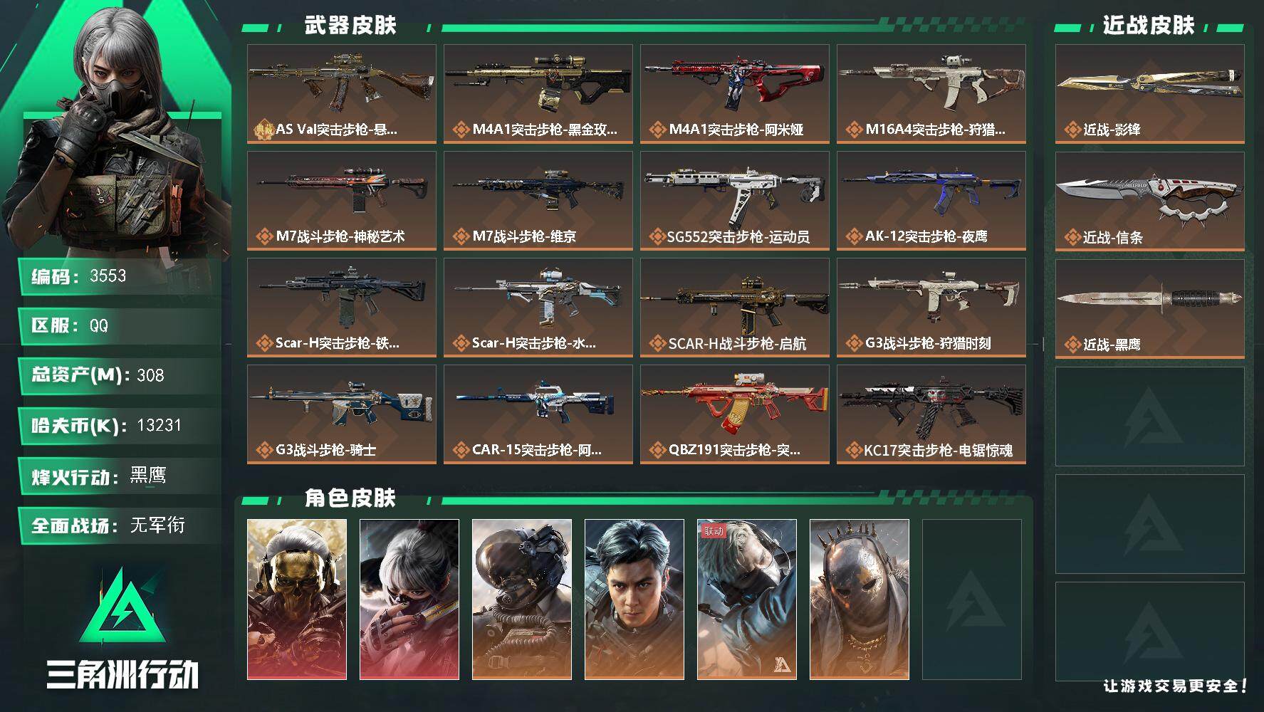 三角洲行动账号QQ总资产(M)：308M/哈夫币(K)：13231K/哈夫币(K)：13231K/全面战场等级：5_段