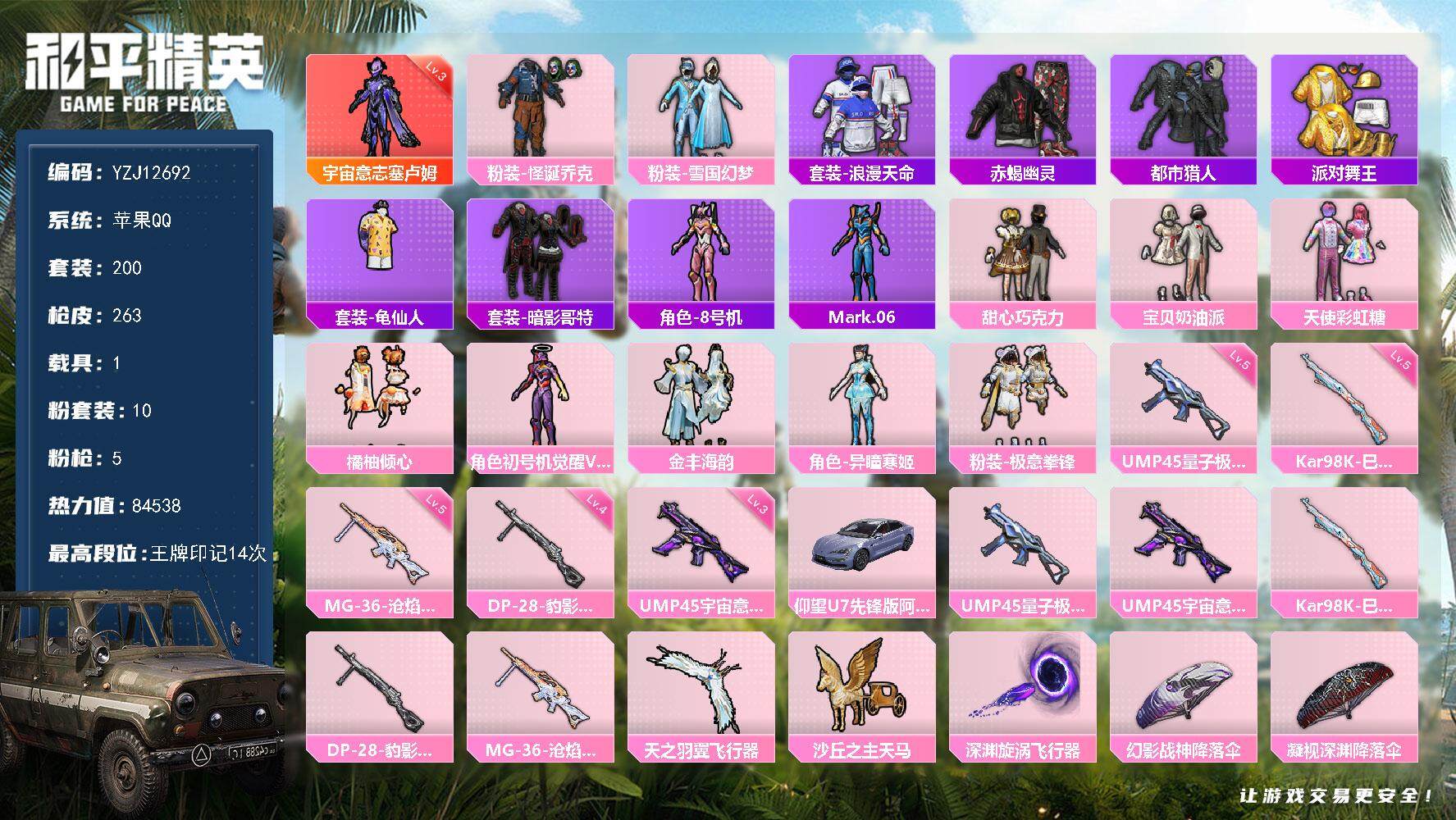 和平精英账号苹果QQYZJ12692 可二次 苹果Q-1红装6稀有1载具10粉装5特效枪15热门200套装263枪皮 8