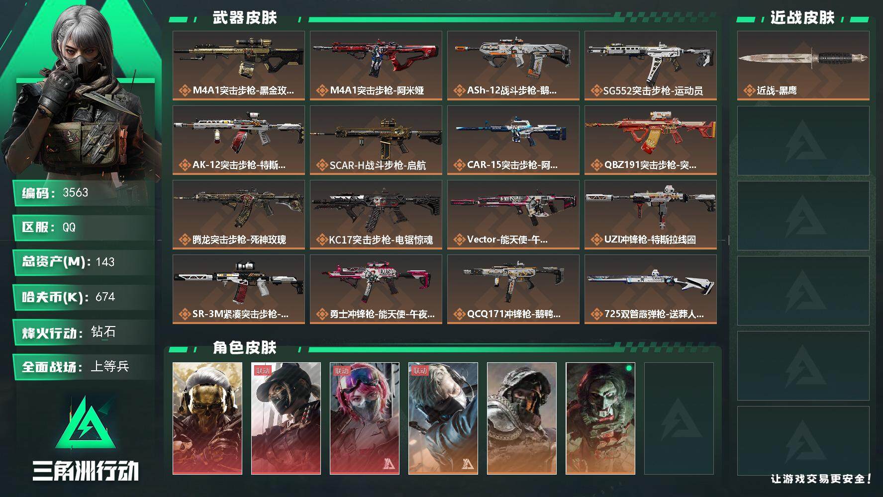 三角洲行动账号QQ总资产(M)：143M/哈夫币(K)：674K/哈夫币(K)：674K/全面战场等级：26_段位：上