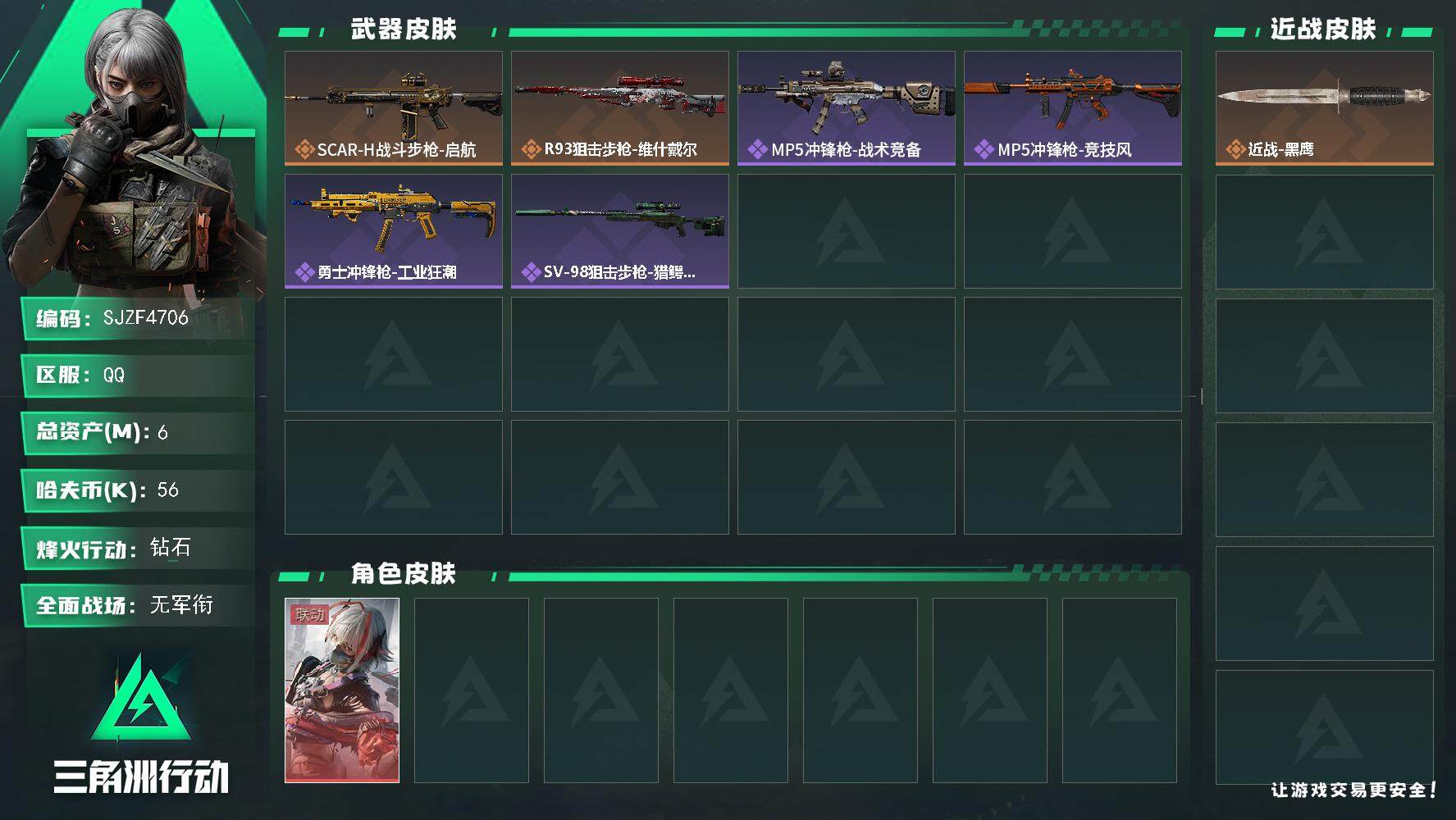 三角洲行动账号QQ【SJZF4706】总资产(M)：6M/哈夫币(K)：56K/哈夫币(K)：56K/全面战场等级：1