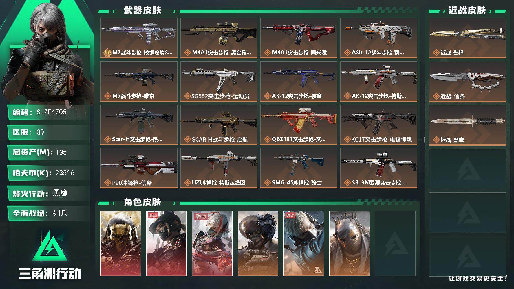 三角洲行动账号QQ【SJZF4705】总资产(M)：135M/哈夫币(K)：23516K/哈夫币(K)：23516K/