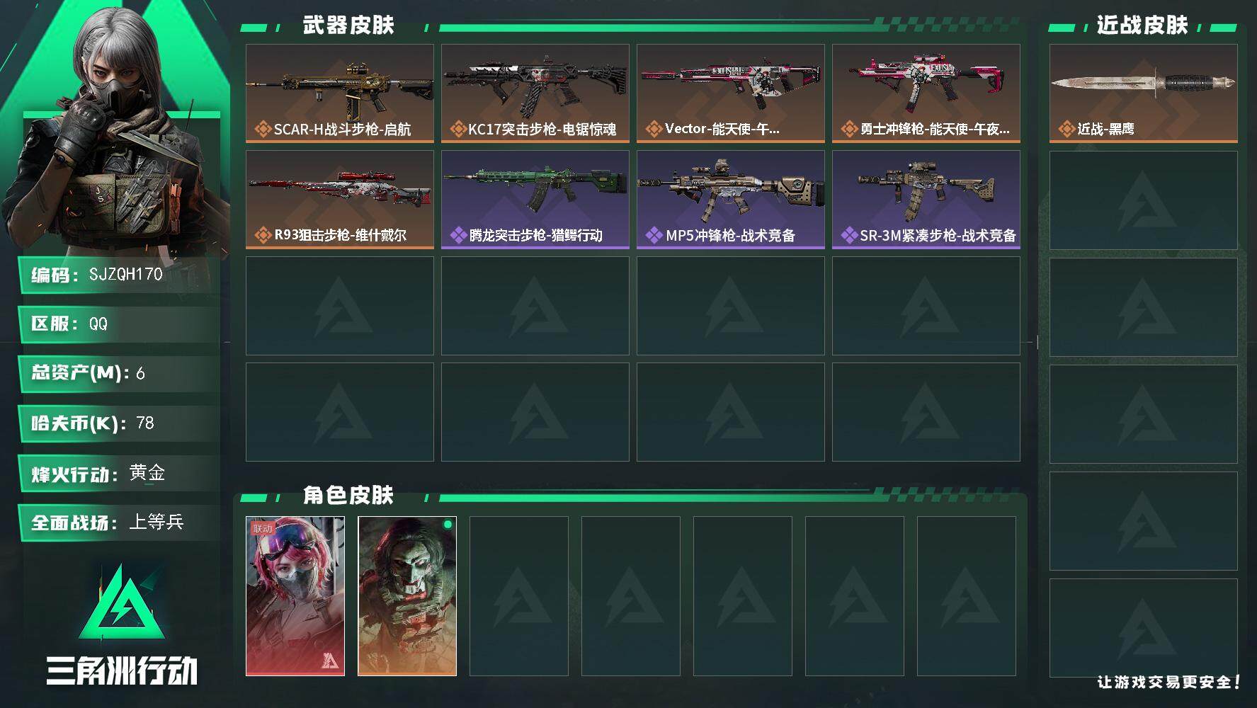 三角洲行动账号QQ【SJZQH170】总资产(M)：6M/哈夫币(K)：78K/哈夫币(K)：78K/全面战场等级：22_段位：上等兵/烽火地带等级：60_段位：黄金/蛊-能天使午夜邮差/红狼-电锯惊魂/近战-黑鹰/