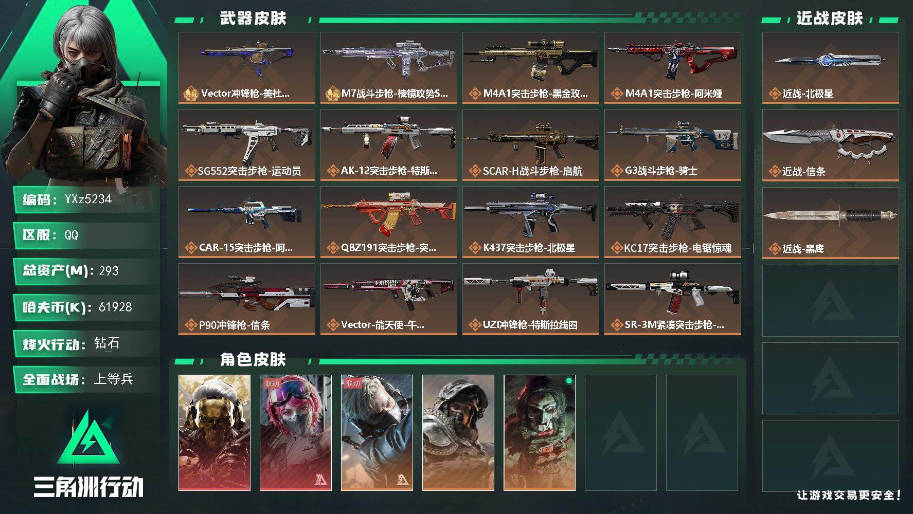 三角洲行动账号QQ【热门皮肤号：双红+双刀+二典藏-蚀金玫瑰+能天使+北极星+信条】【Q区三端互通】【无二次】YXz5