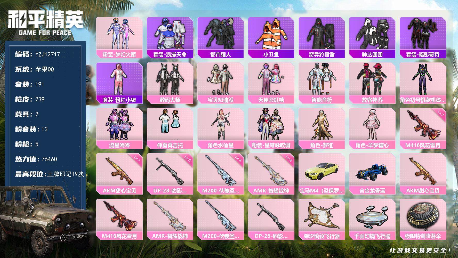 和平精英账号苹果QQYZJ12717-可二次-苹果Q-4稀有2载具13粉装5特效枪【身法号 NV粉丝logo 火箭少女 