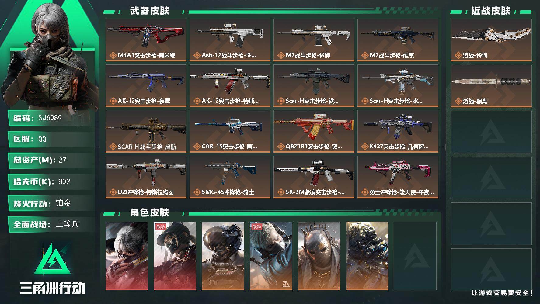 三角洲行动账号QQ【SJ6089】总资产(M)：27M/哈夫币(K)：802K/哈夫币(K)：802K/全面战场等级：