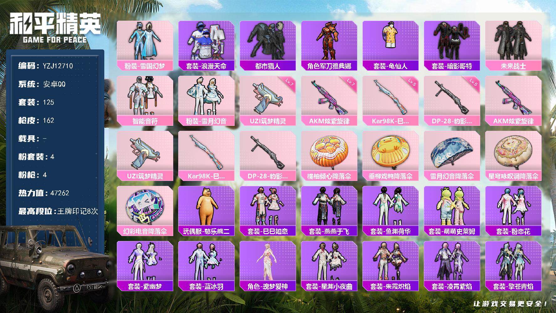 和平精英账号安卓QQ0载具-125套装-162枪皮-YZJ12710-可二次-安卓Q-2稀有4粉装4特效枪8热门【精品身