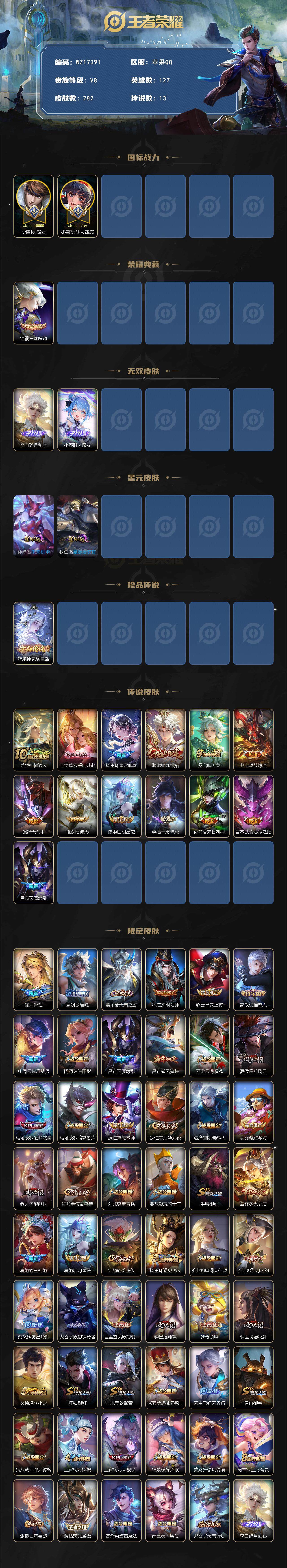 王者荣耀账号苹果QQ【WZ17391】HCA60738，，，打野59段/1.1w小国娜可露露/1w小国赵云/1.1w金标嫦娥/1.2w金标雅典娜/2星元/11按键/苹果Q-V8-最强王者段位-127英雄-282皮肤-1