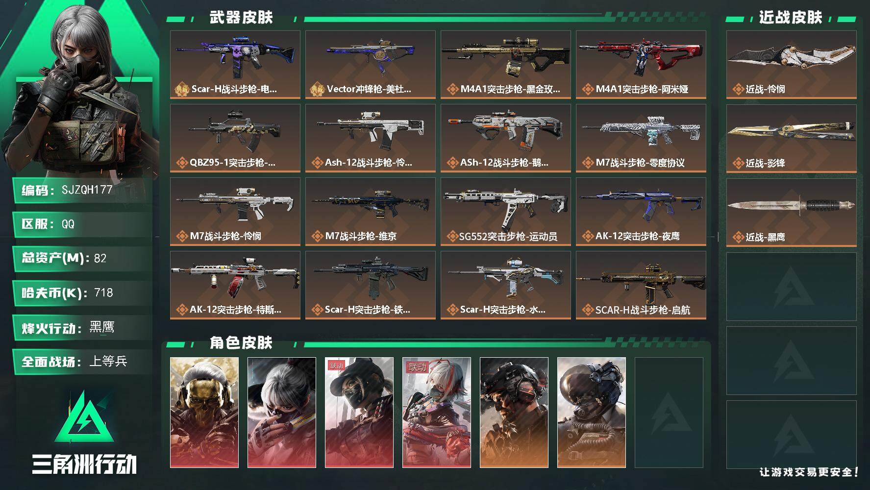 三角洲行动账号QQ【SJZQH177】总资产(M)：82M/哈夫币(K)：718K/哈夫币(K)：718K/全面战场等级：35_段位：上等兵/烽火地带等级：60_段位：黑鹰/红狼-蚀金玫瑰/骇爪-水墨云图/露娜-黑·
