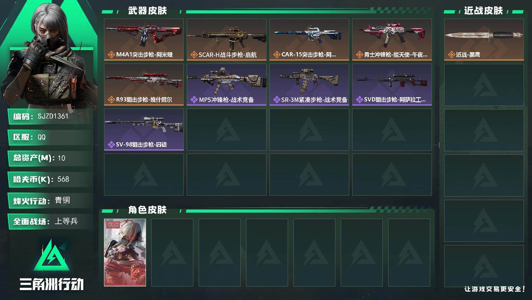 三角洲行动账号QQ【SJZD1361】总资产(M)：10M/哈夫币(K)：568K/哈夫币(K)：568K/全面战场等级：17_段位：上等兵/烽火地带等级：43_段位：青铜/骇爪-维什戴尔/近战-黑鹰/M4A1突击步