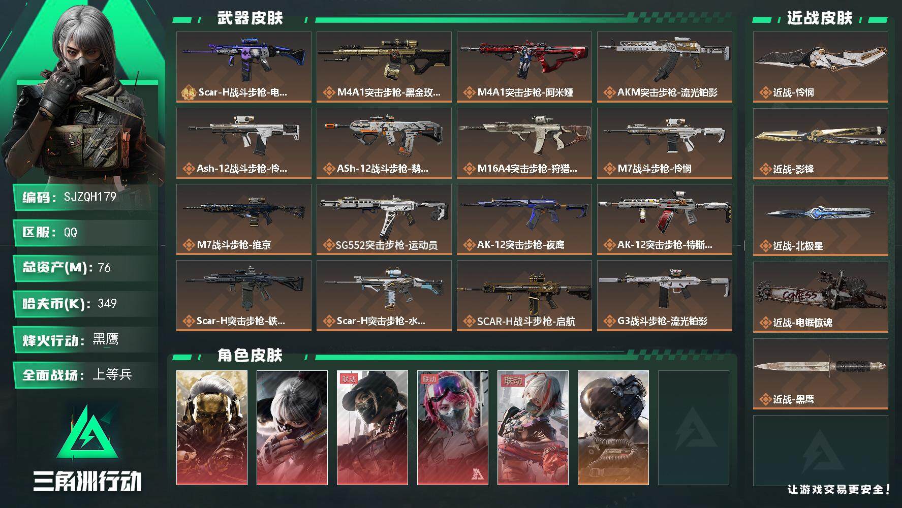 三角洲行动账号QQ【SJZQH179】总资产(M)：76M/哈夫币(K)：349K/哈夫币(K)：349K/全面战场等级：50_段位：上等兵/烽火地带等级：60_段位：黑鹰/海洋之泪/红狼-蚀金玫瑰/骇爪-水墨云图/