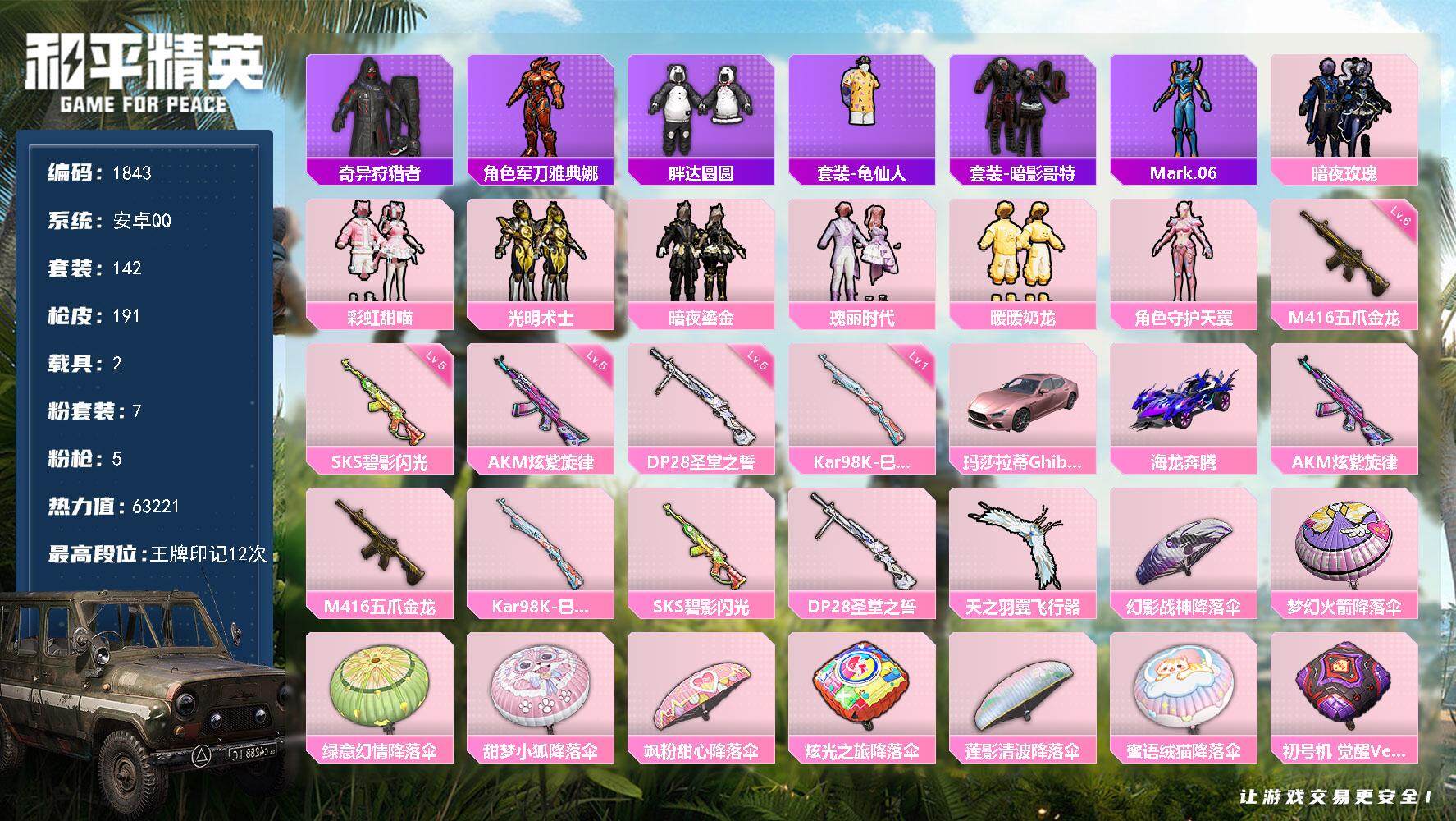 和平精英账号安卓QQ2载具-142套装-191枪皮-142套装/枪械5/装备240/载具2/战备130/王牌印记12/热
