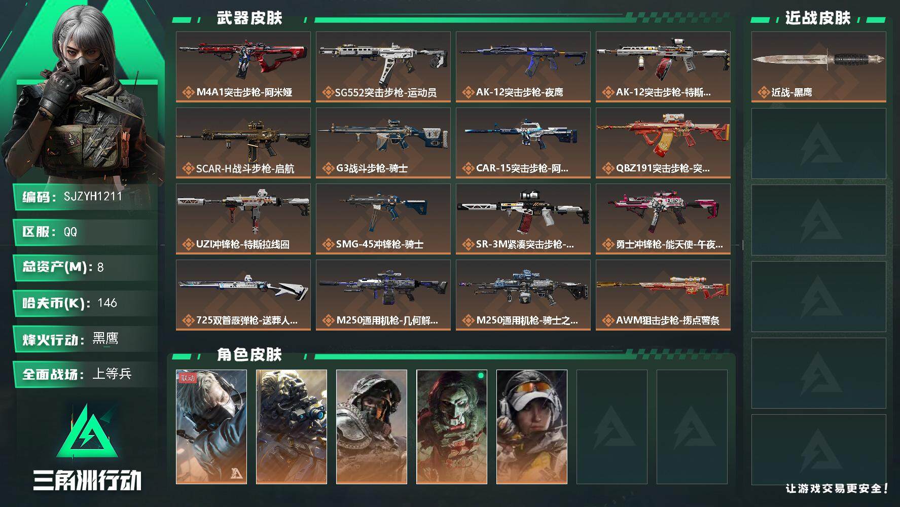 三角洲行动账号QQ【SJZYH1211】总资产(M)：8M/哈夫币(K)：146K/哈夫币(K)：146K/全面战场等