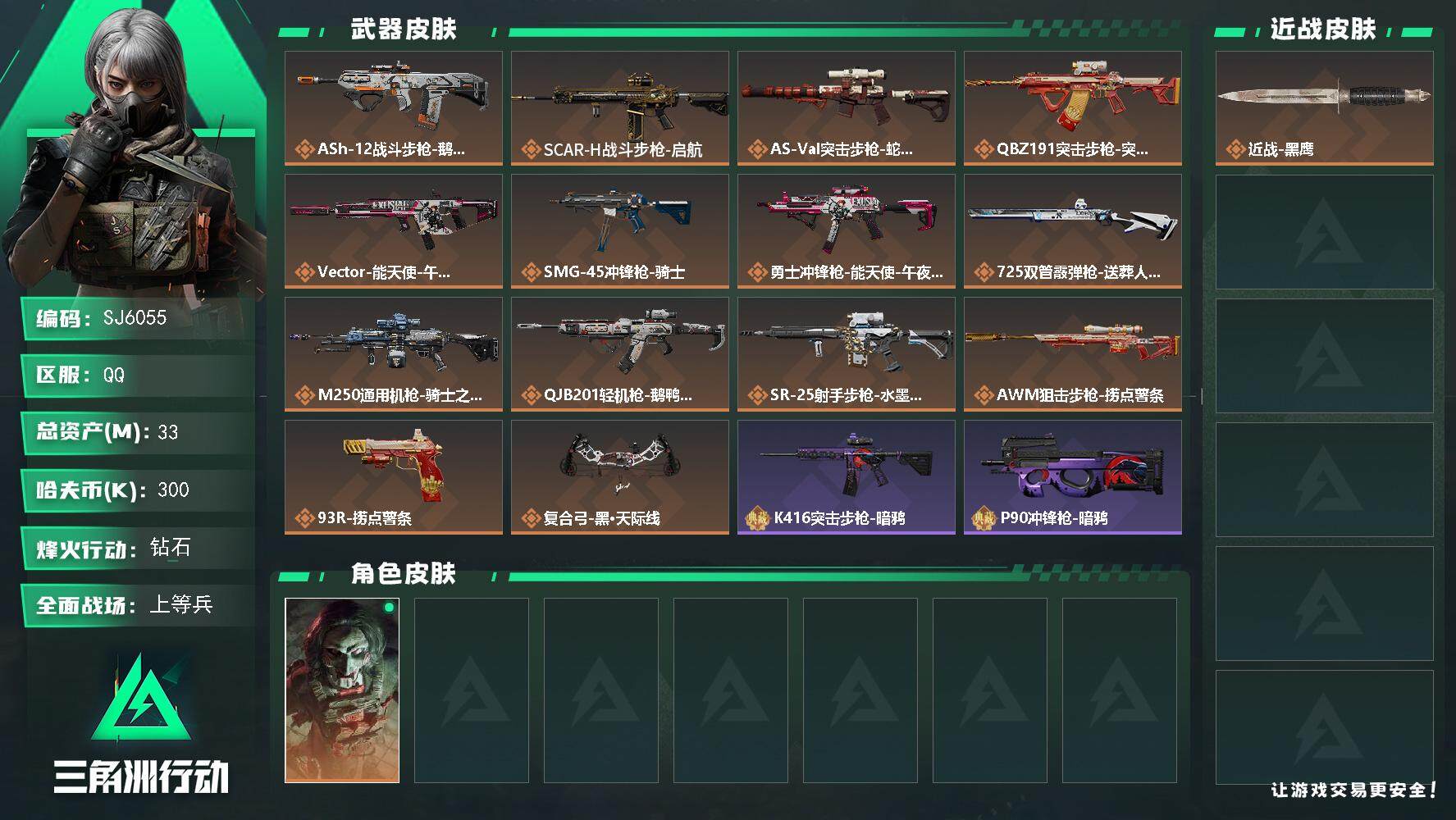 三角洲行动账号QQ【SJ6055】总资产(M)：33M/哈夫币(K)：300K/哈夫币(K)：300K/全面战场等级：50_段位：上等兵/烽火地带等级：60_段位：钻石/红狼-电锯惊魂/近战-黑鹰/ASh-12战斗步